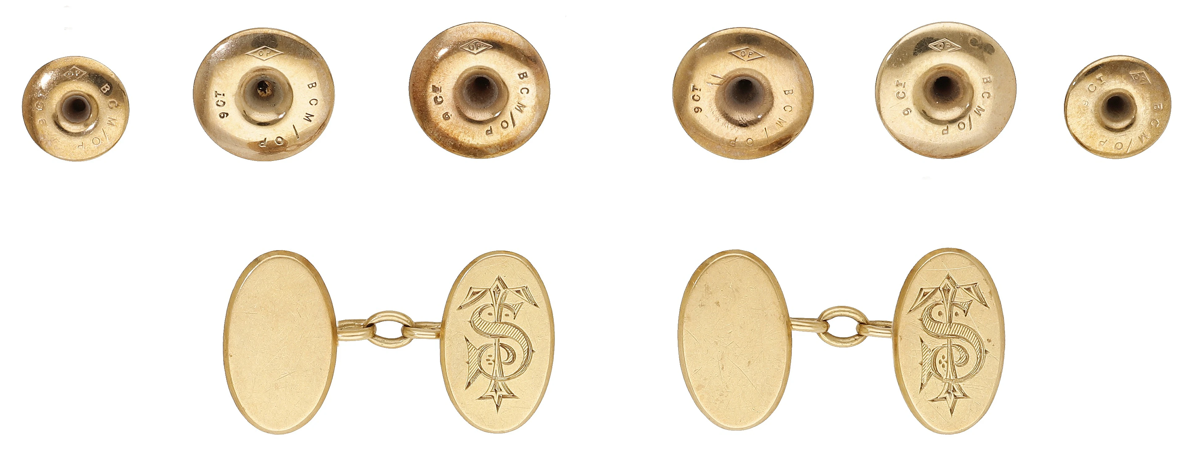 A pair of 18ct gold cufflinks, 1920, with oval discs, monogrammed