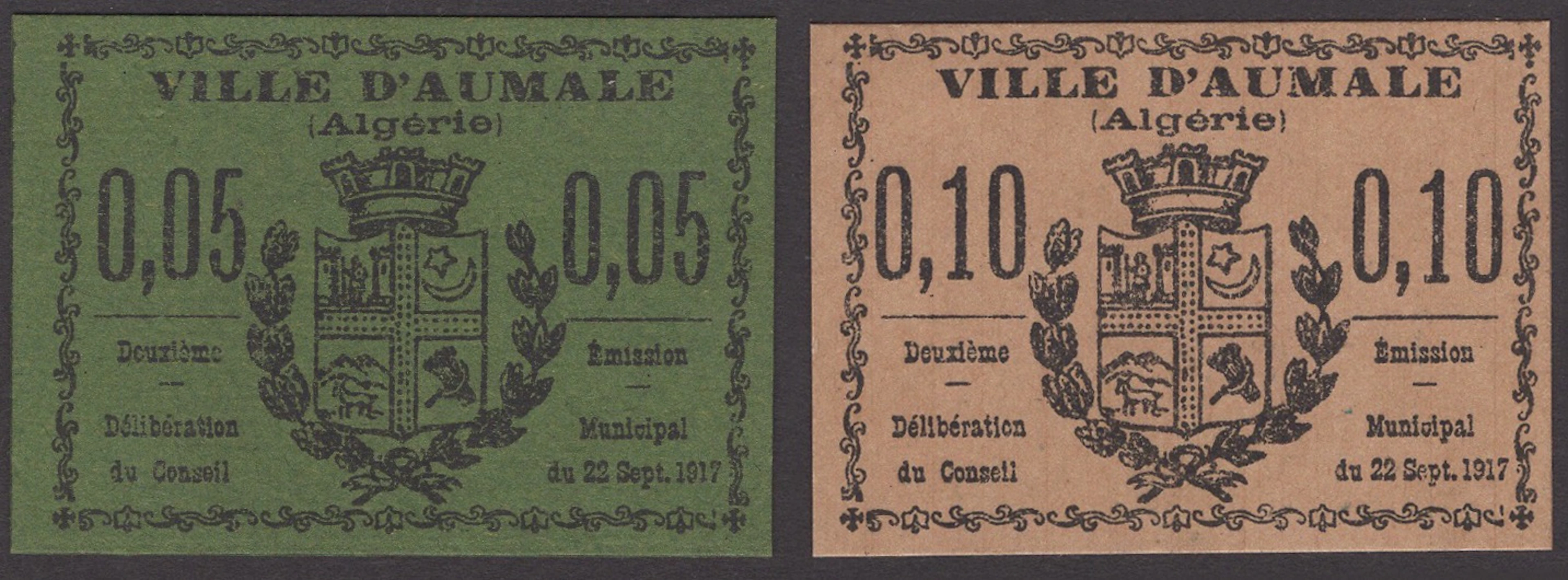 Ville d’Aumale, 5 and 10 Centimes, 22 September 1917, black print