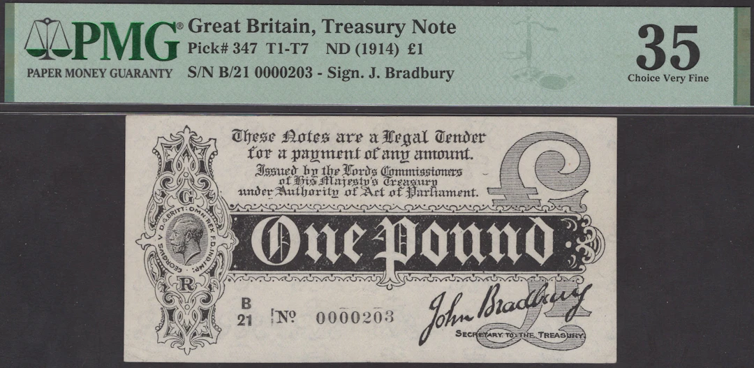 Treasury Series, John Bradbury, £1, 7 August 1914, serial number B/21