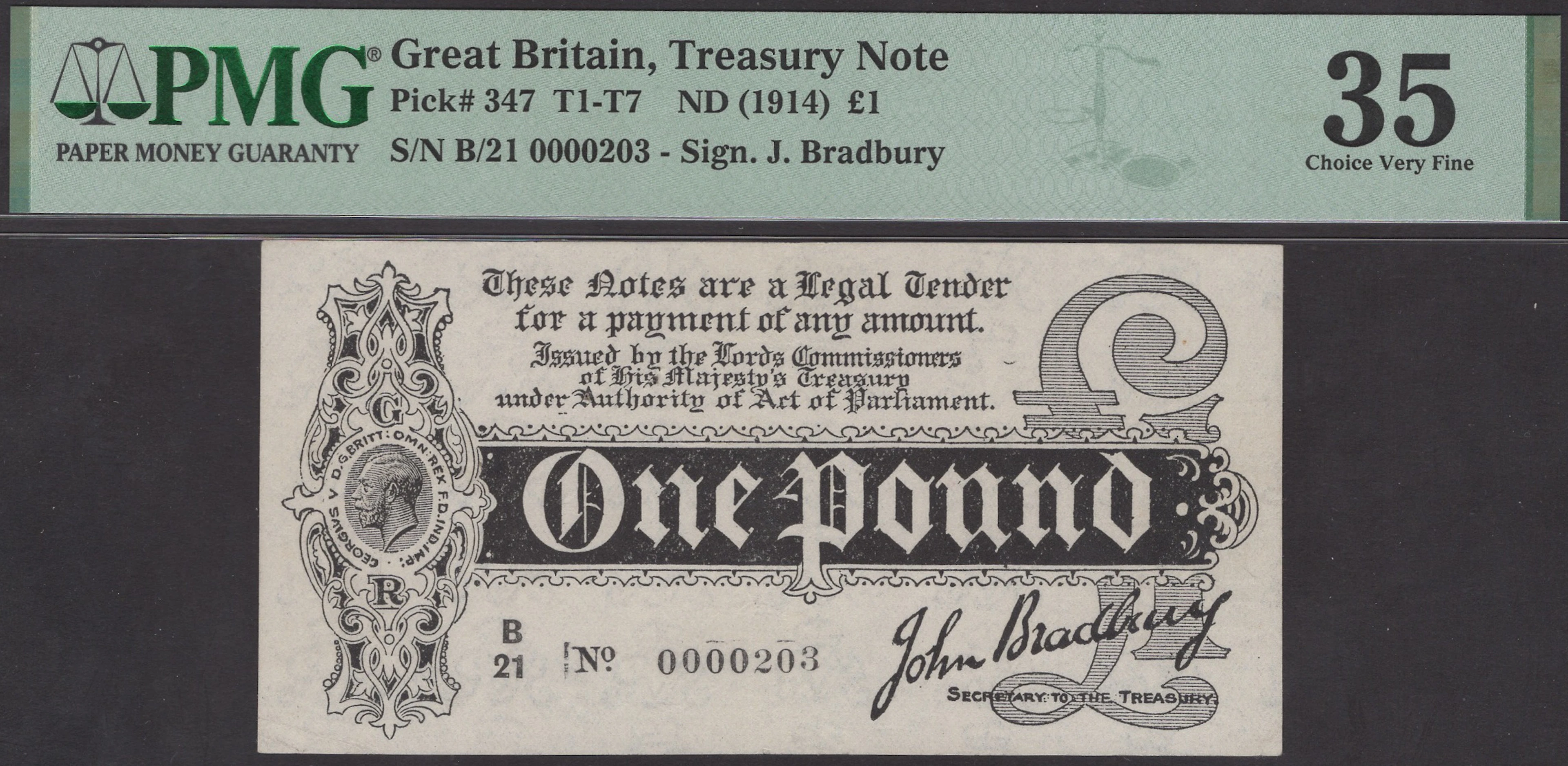 Treasury Series, John Bradbury, £1, 7 August 1914, serial number B/21