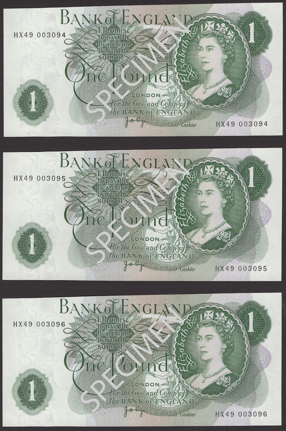ERROR: Bank of England, John B. Page, £1 (3), 1970, serial numbers
