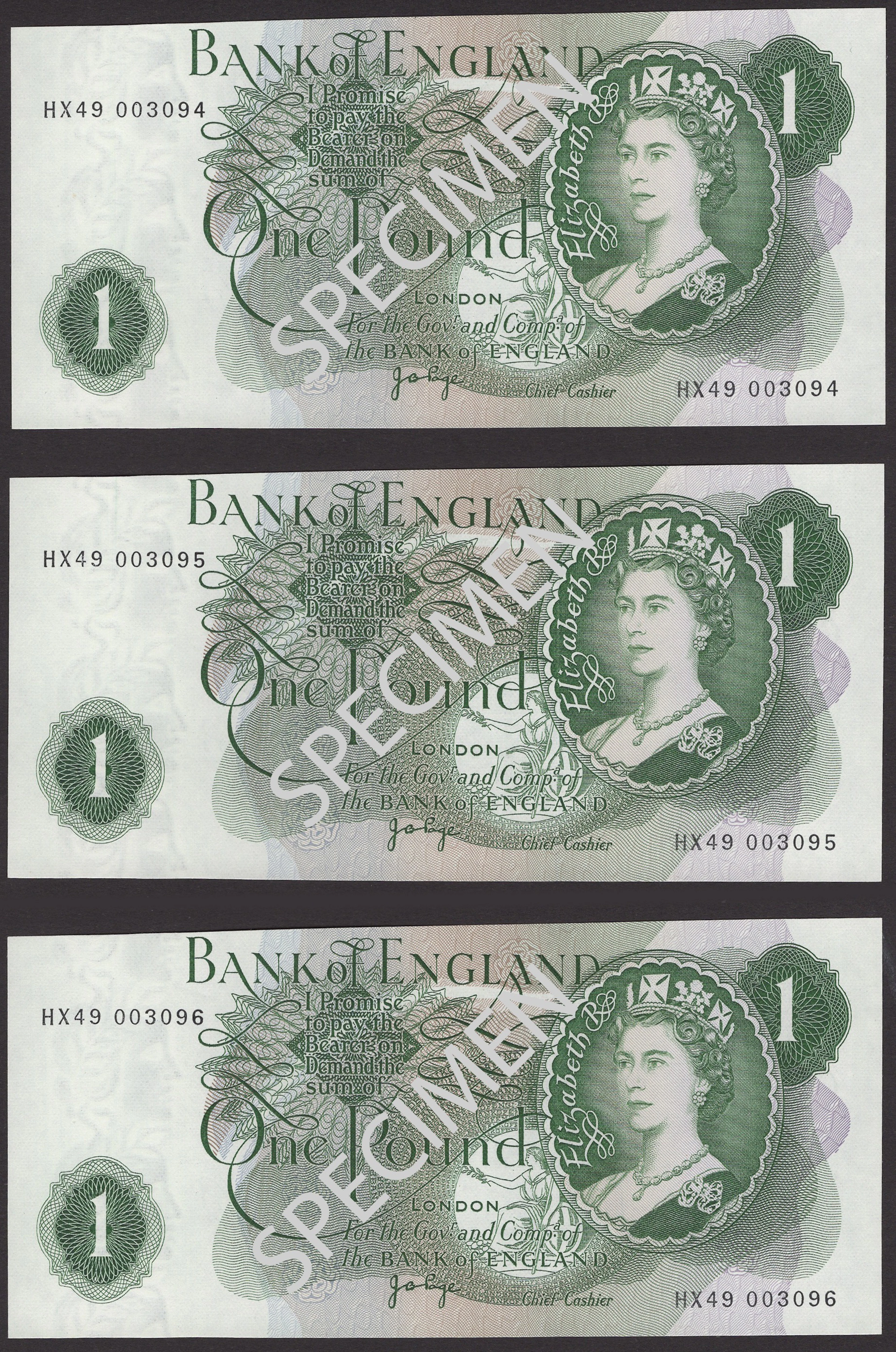 ERROR: Bank of England, John B. Page, £1 (3), 1970, serial numbers
