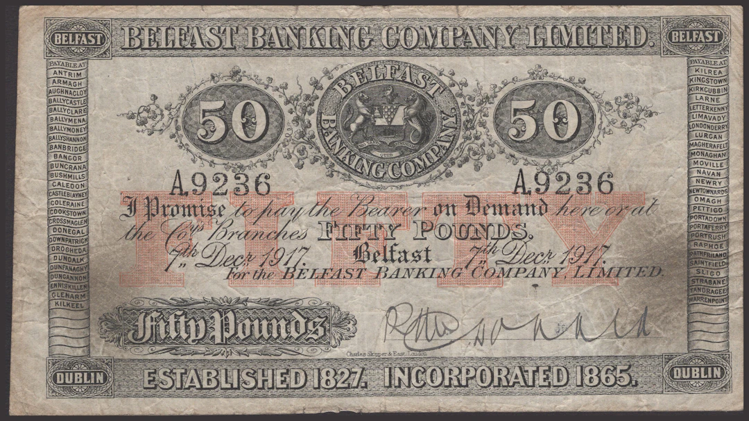Belfast Banking Company Limited, £50, 7 December 1917, serial number
