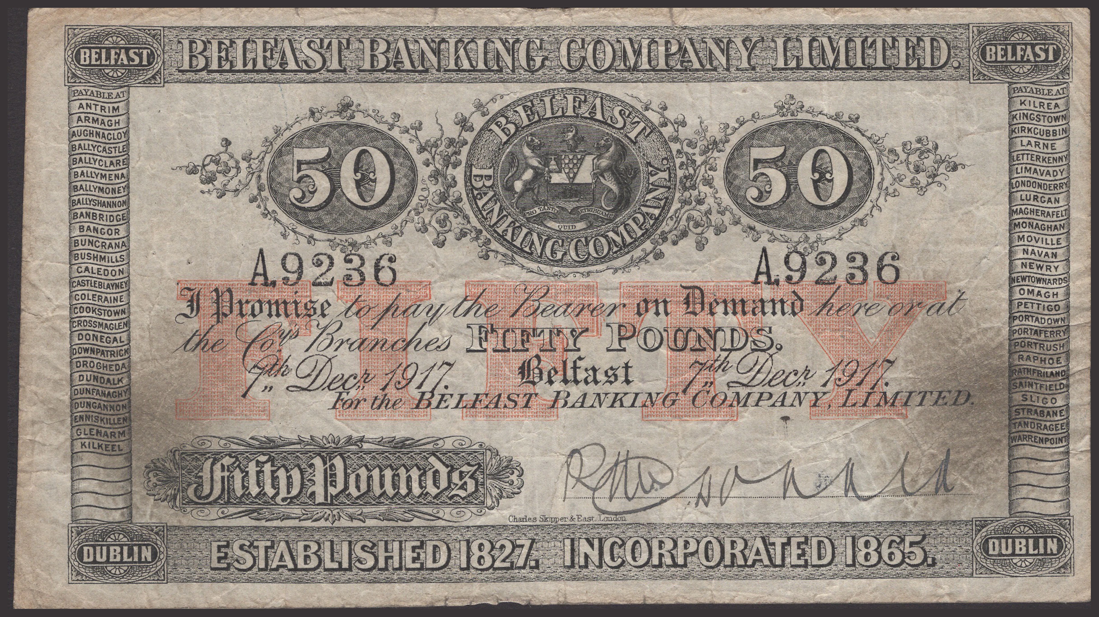 Belfast Banking Company Limited, £50, 7 December 1917, serial number