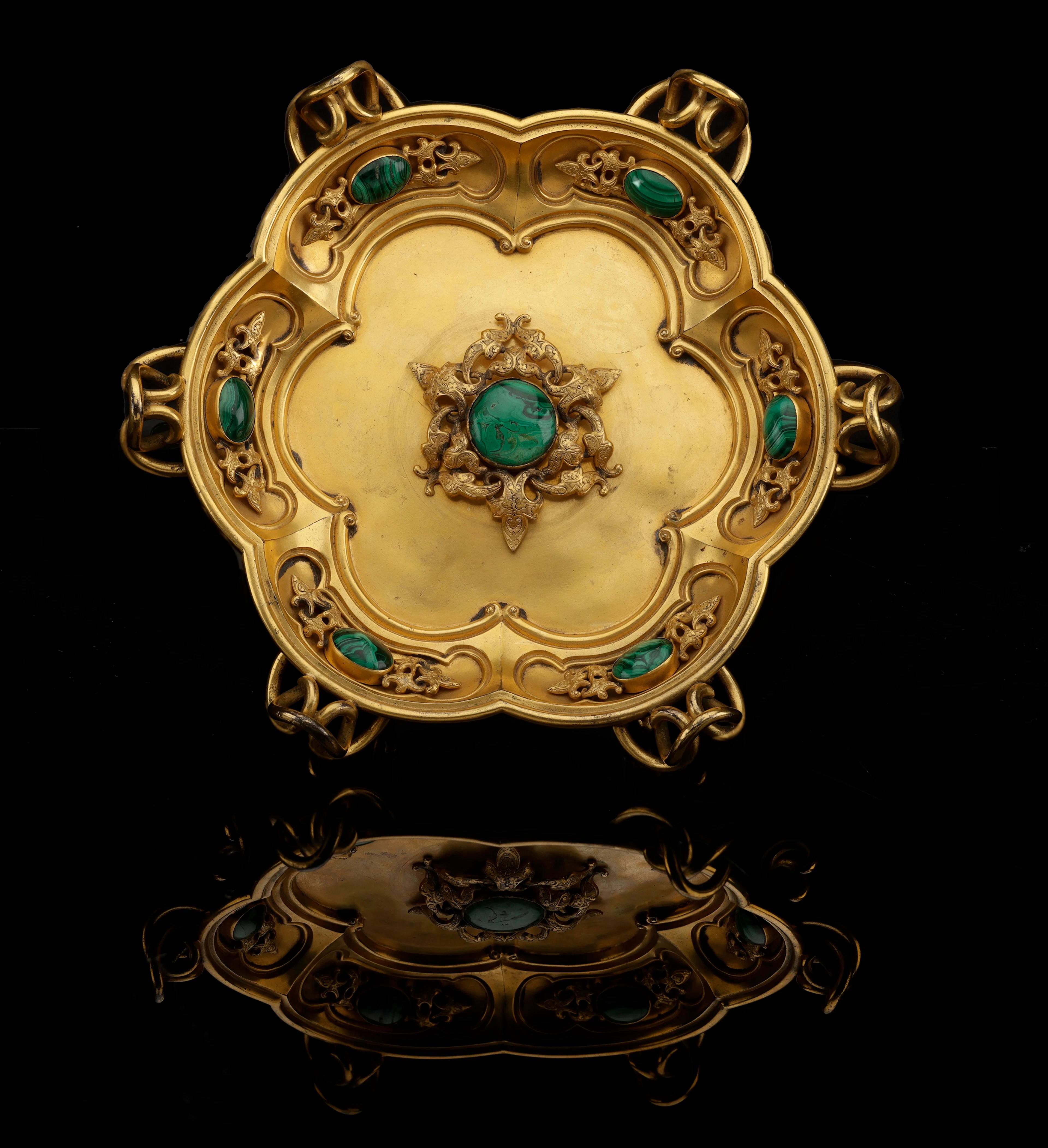 A mid 19th century gilt bronze and malachite dish by Asprey, exhibited