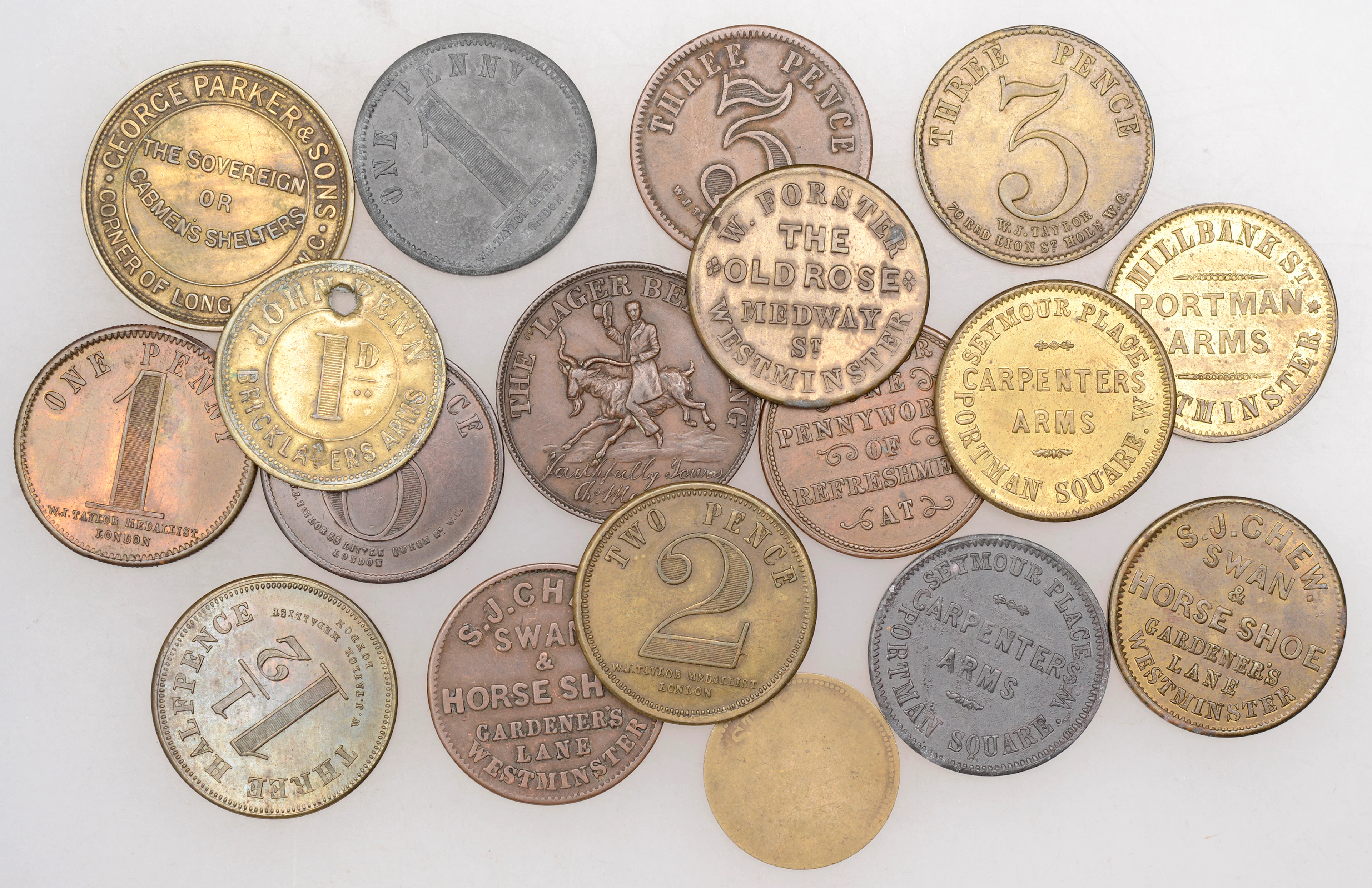 Portman Square, Carpenter’s Arms, zinc Penny and Twopence, brass Sixpence