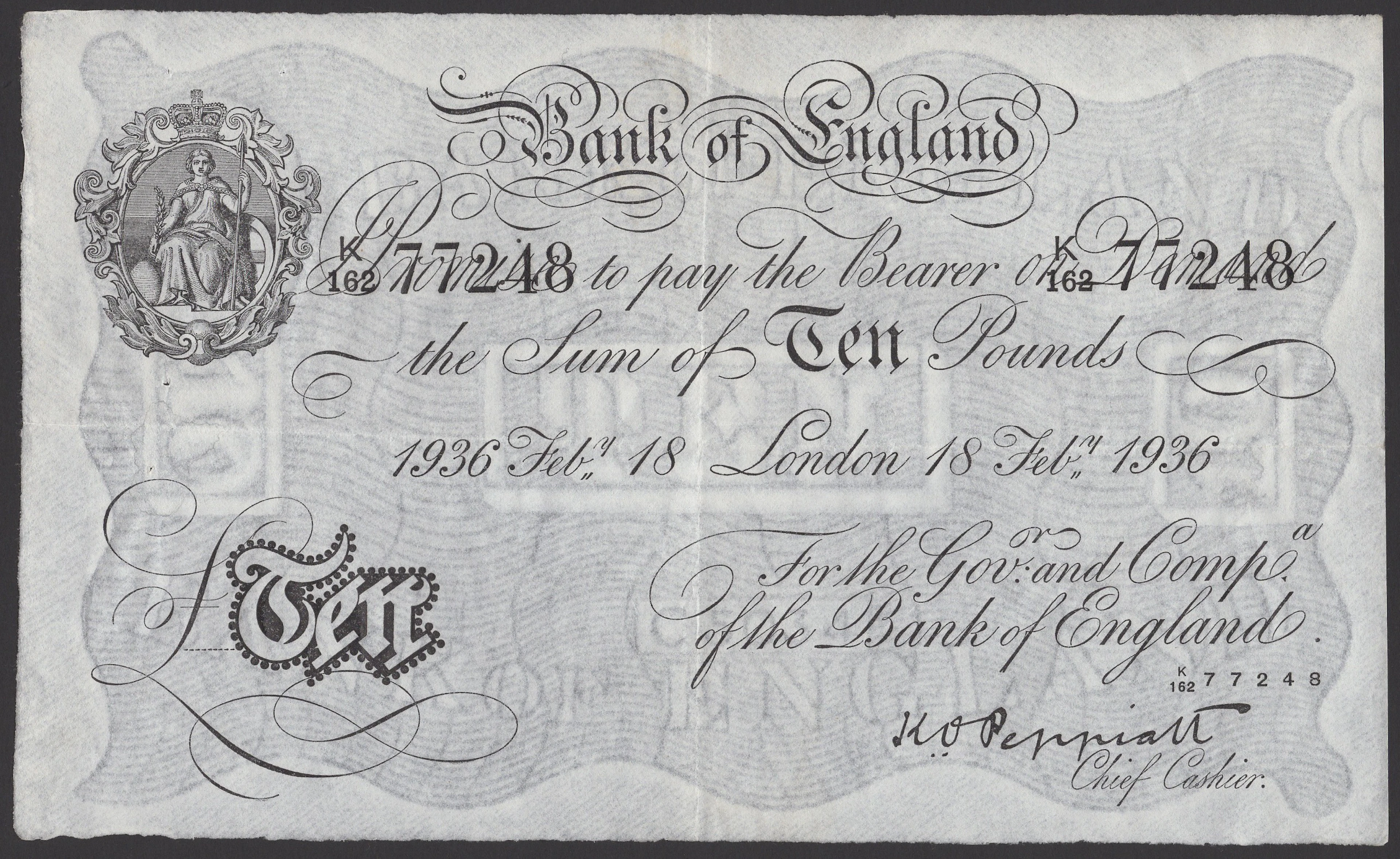 Bank of England, Kenneth O. Peppiatt, £10, London, 18 February 1936