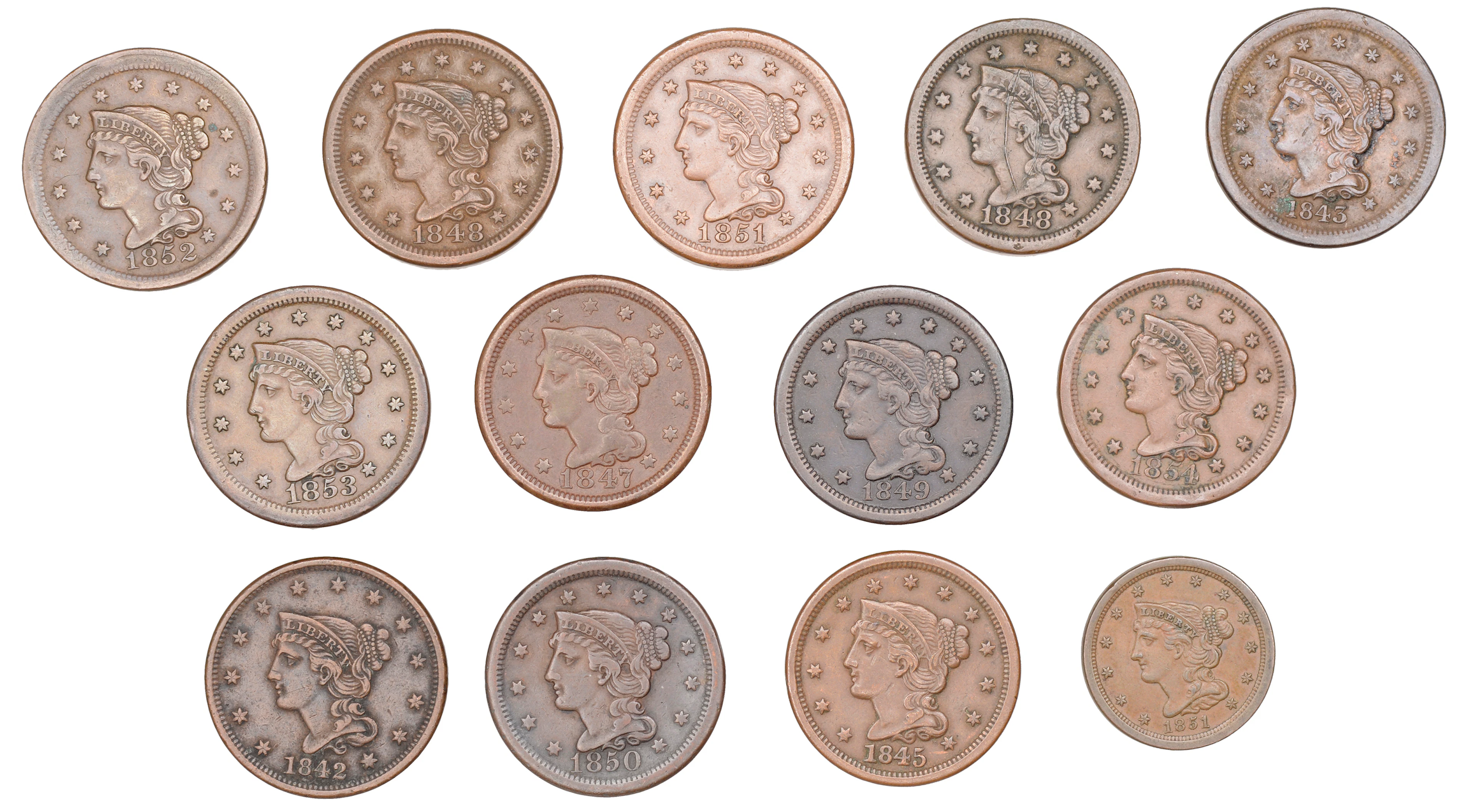 United States of America, ‘Liberty Head’ Cents (12), 1842, 1843, 1845