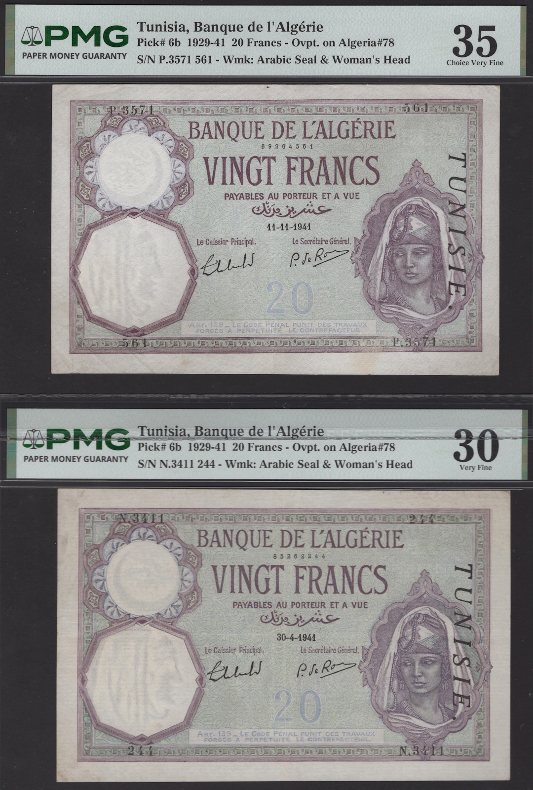 Banque de l‘Algerie, Tunisia, 20 Francs (2), 11 November 1941 and