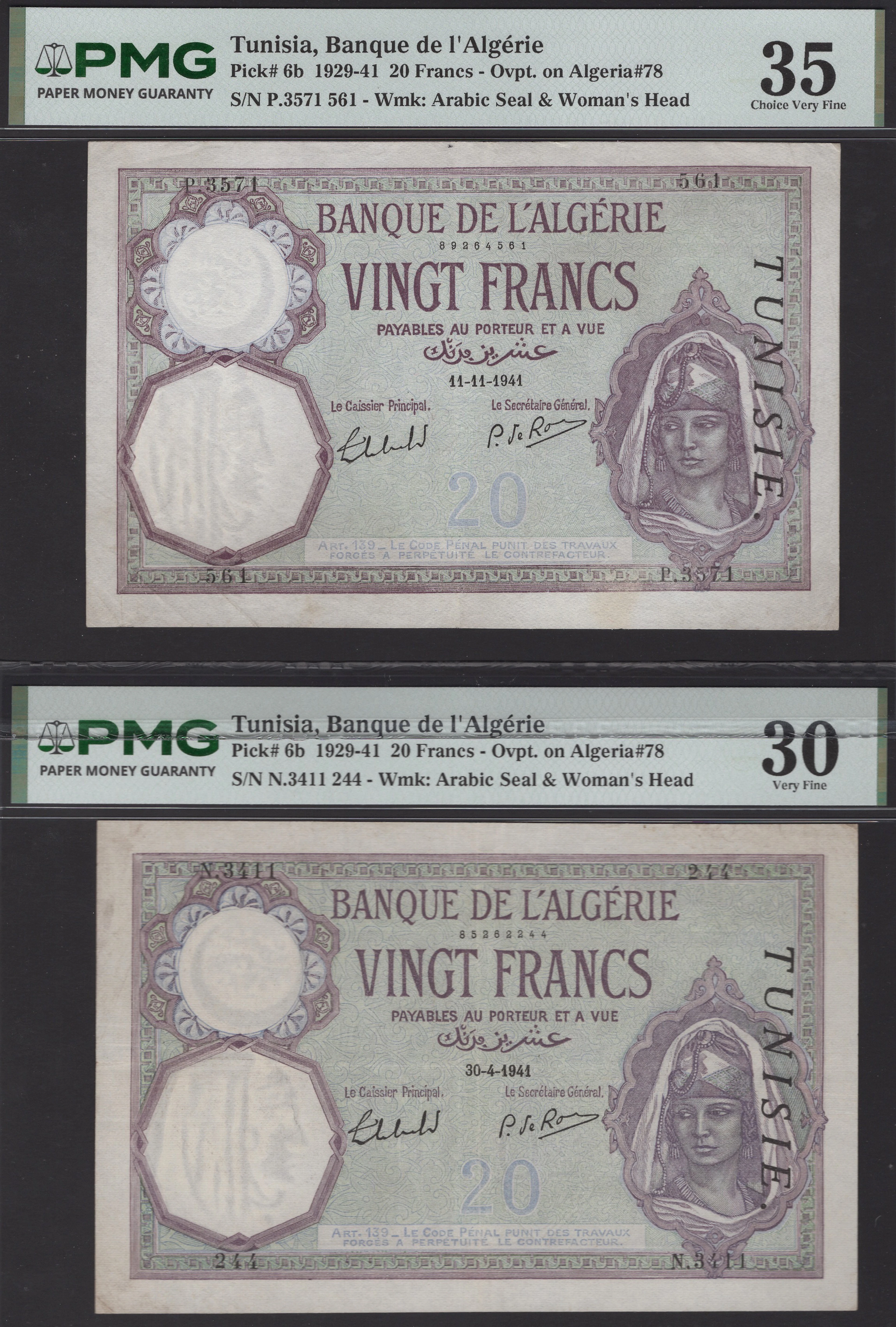 Banque de l‘Algerie, Tunisia, 20 Francs (2), 11 November 1941 and