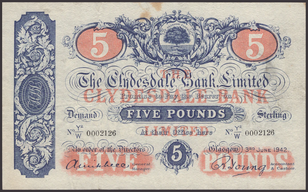 Clydesdale Bank Limited, £5, 3 June 1942, serial number Y2/W 0002126
