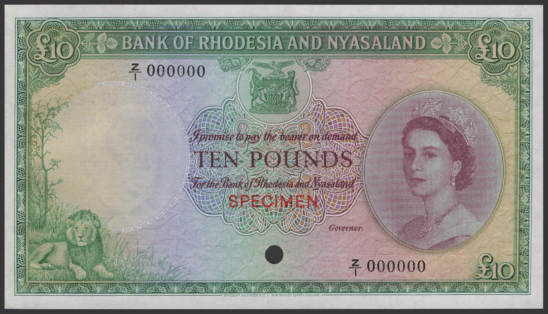 Bank of Rhodesia and Nyasaland, colour trial £10, ND (1956-61), serial