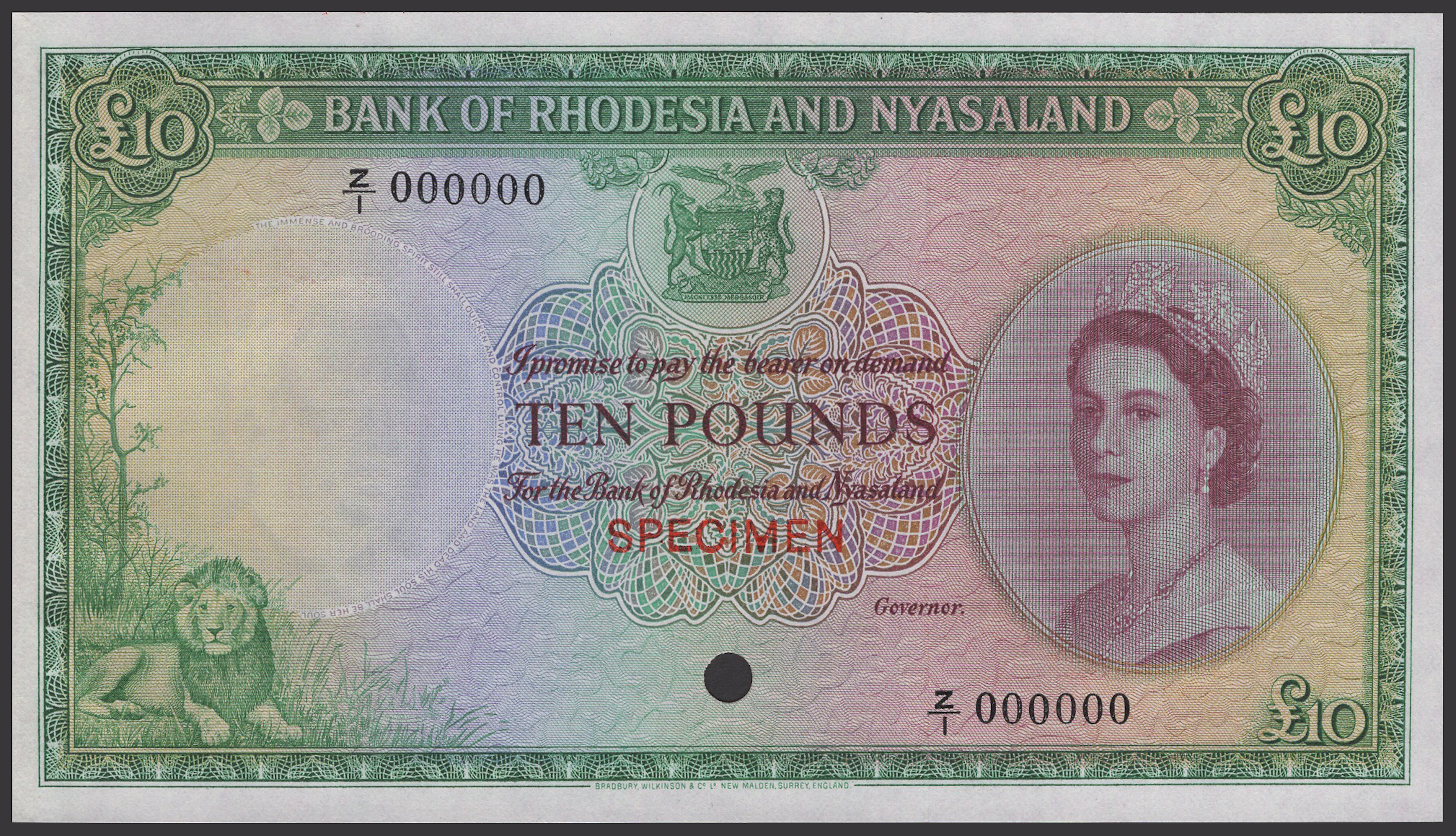 Bank of Rhodesia and Nyasaland, colour trial £10, ND (1956-61), serial