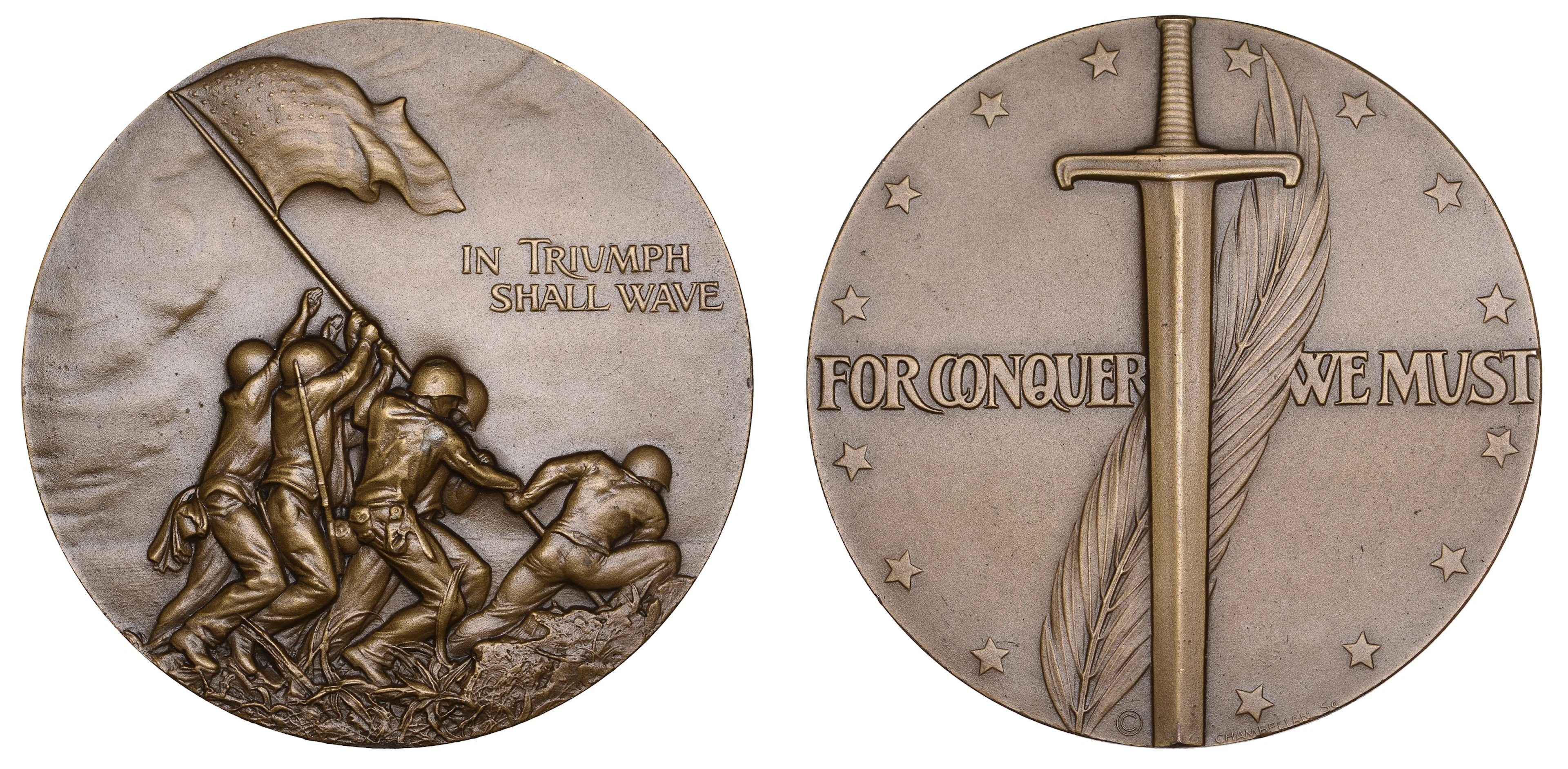 JAPAN/U.S.A., For Conquer We Must, 1945, a bronze medal by R.P. Chambellan