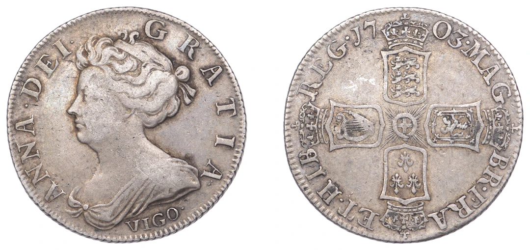 Anne (1702-1714), Shilling, 1703, second bust, vigo below, harp with