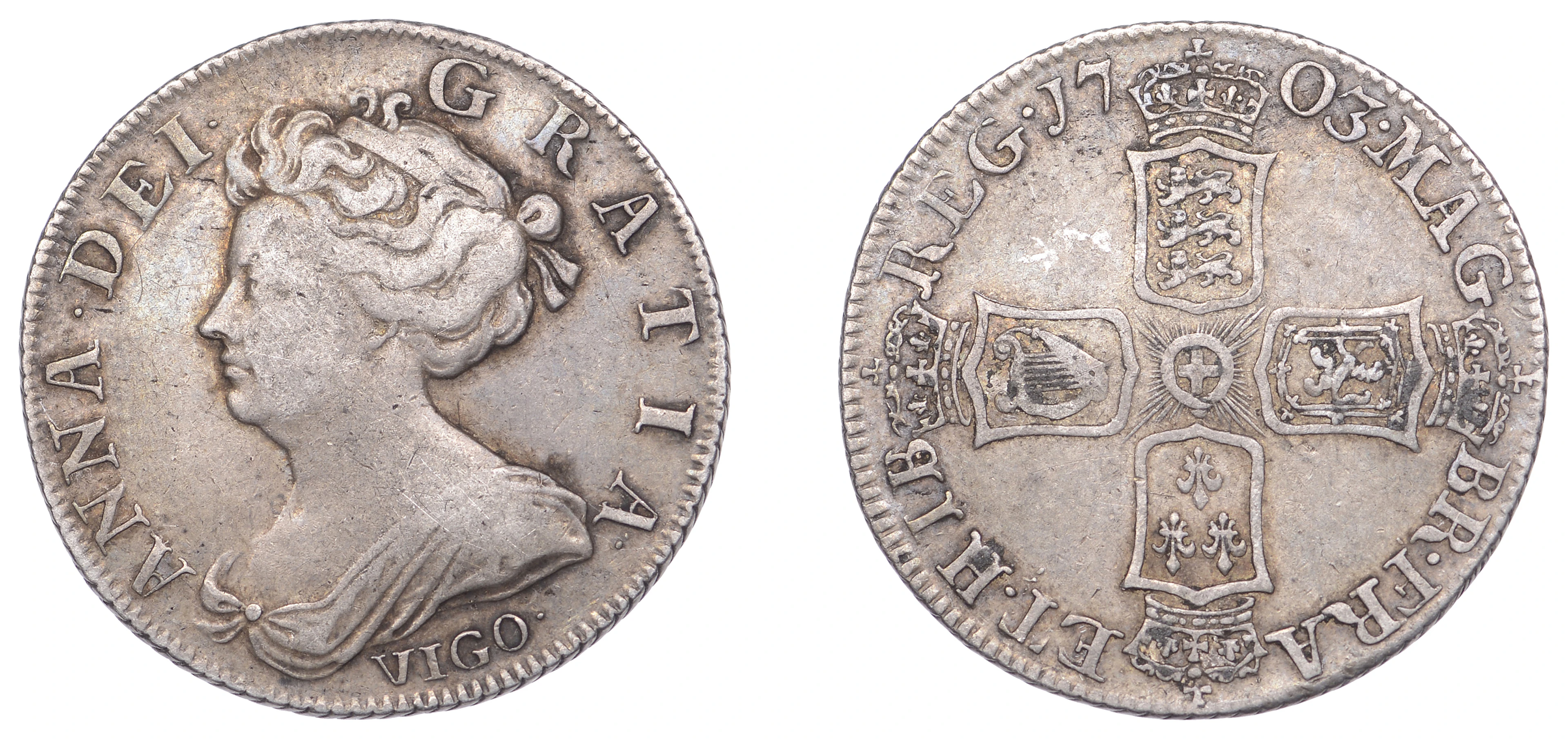 Anne (1702-1714), Shilling, 1703, second bust, vigo below, harp with