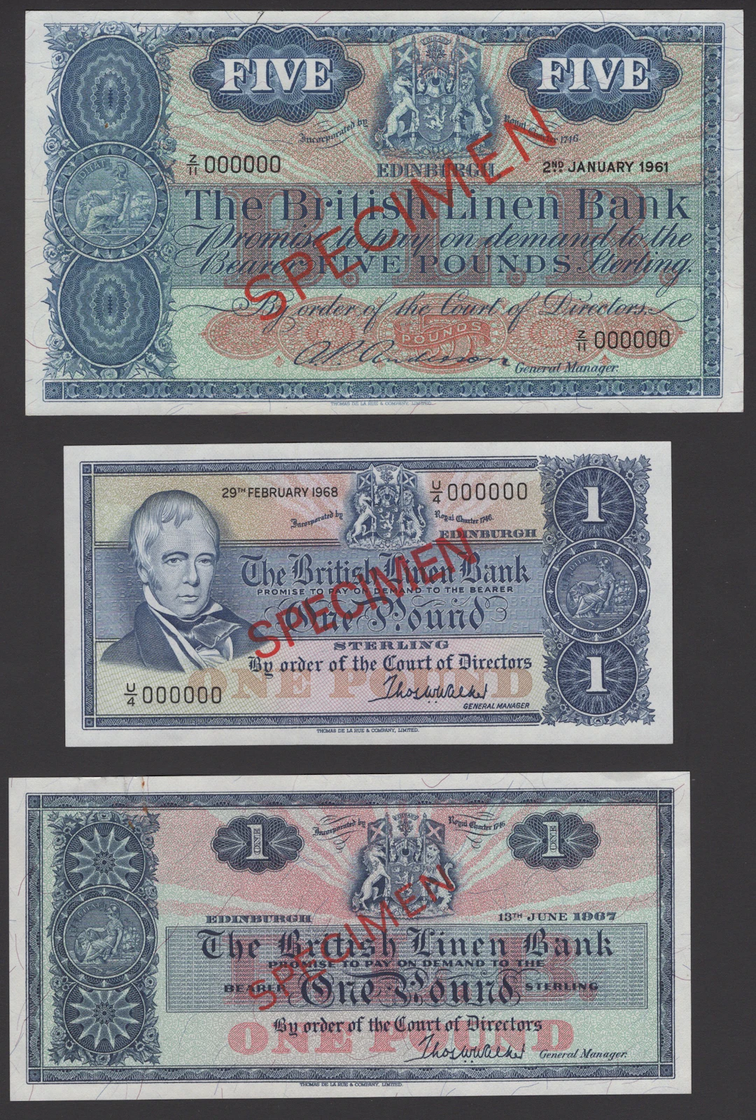 British Linen Bank, specimen £5, 2 January 1961, serial number Z/11