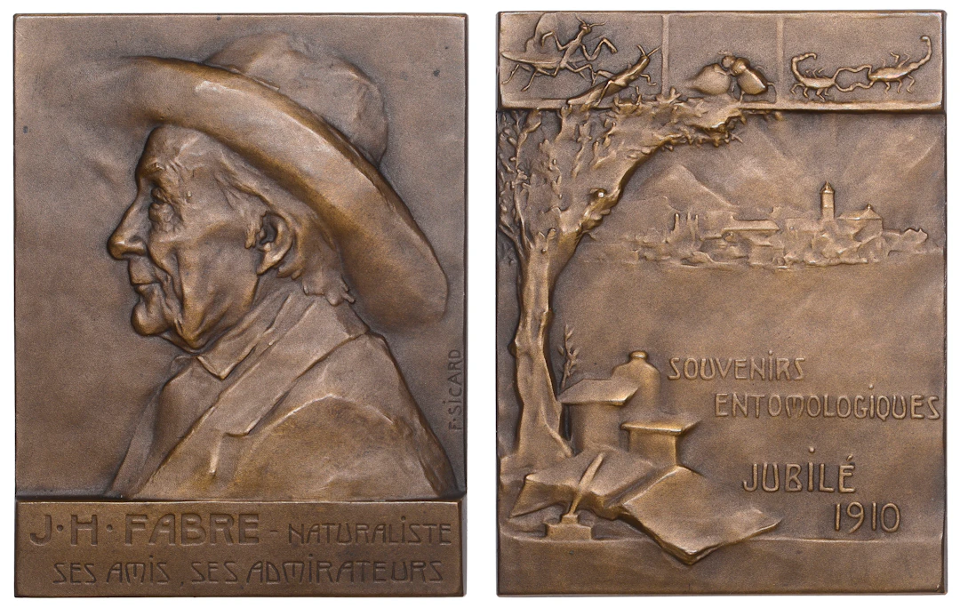 FRANCE, Jean-Henri Fabre, 1910, a bronze plaque by F.-L. Sicard, bust