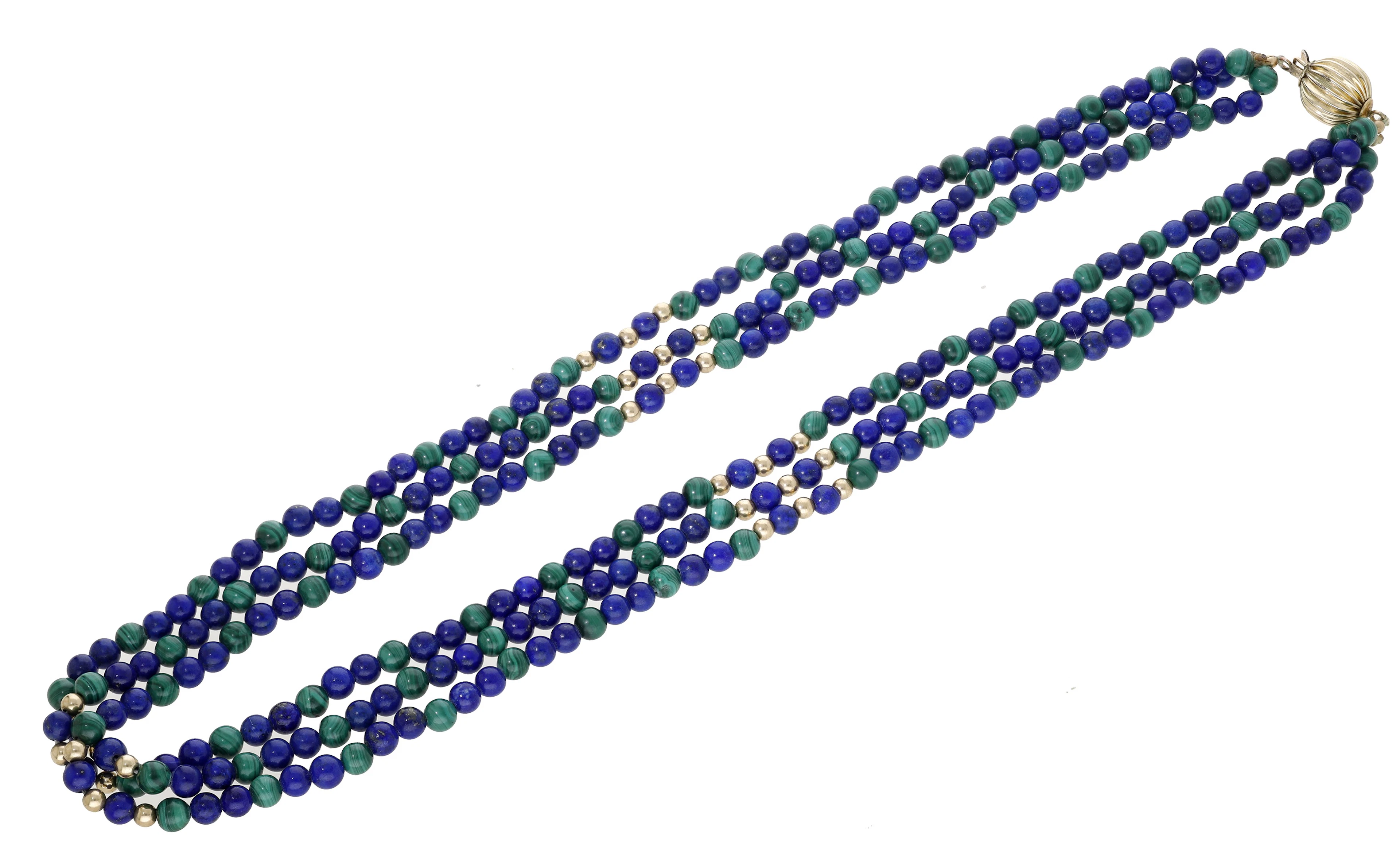 A malachite and lapis lazuli bead necklace, comprising three strands