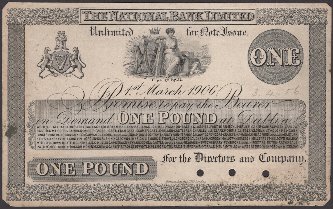 The National Bank Limited, proof £1 on card, 1 March 1906, no serial