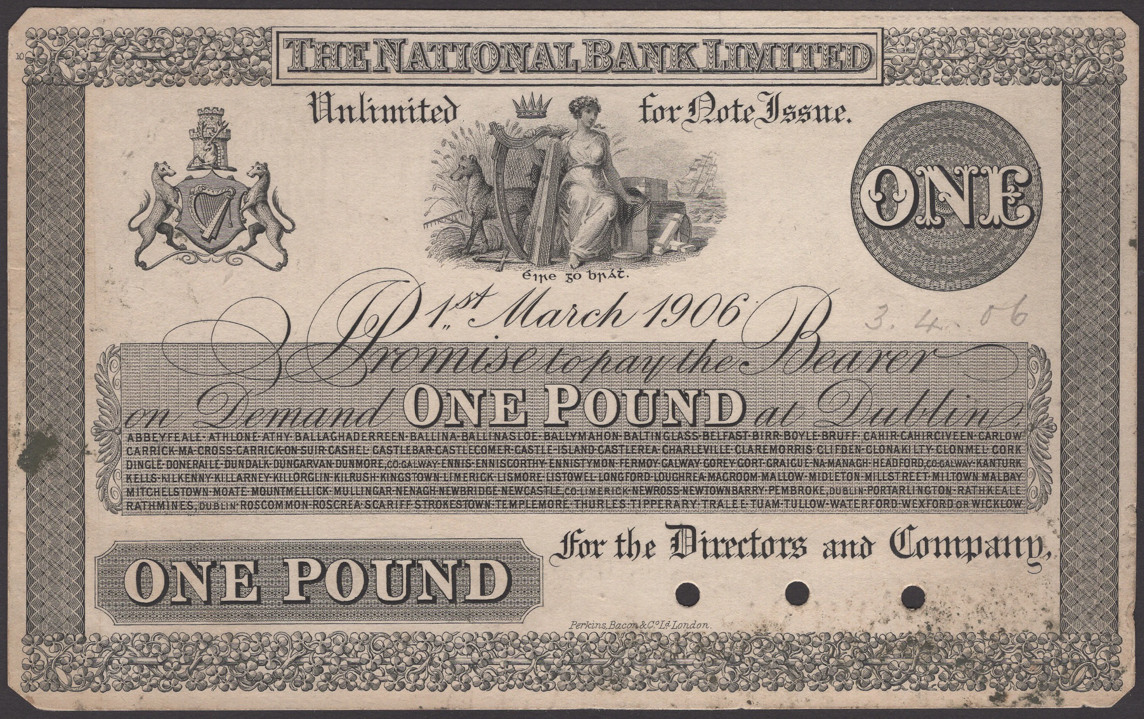 The National Bank Limited, proof £1 on card, 1 March 1906, no serial