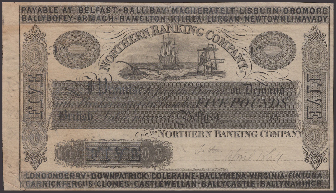 Northern Banking Company, uniface proof on paper for £5, Belfast