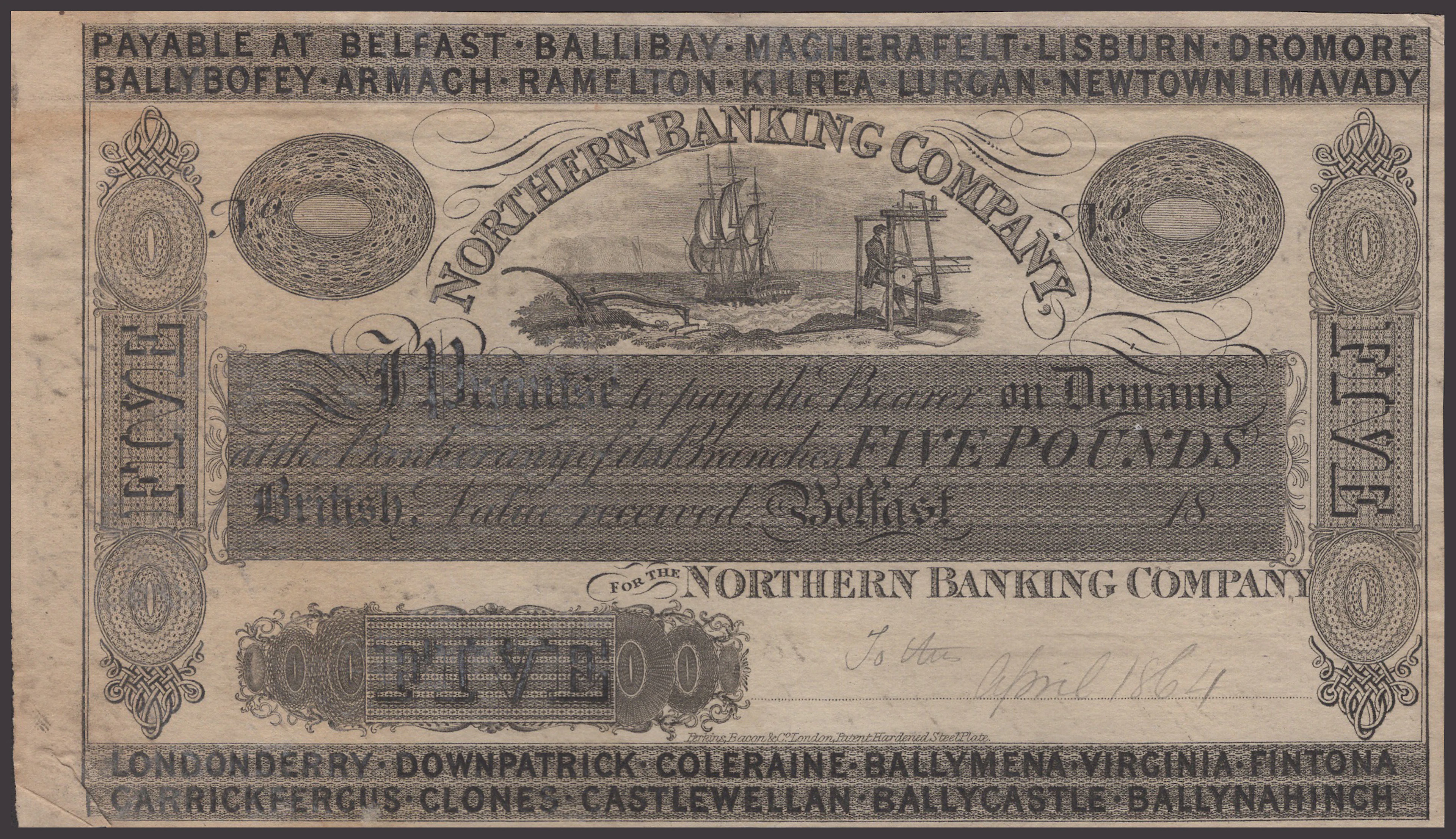 Northern Banking Company, uniface proof on paper for £5, Belfast