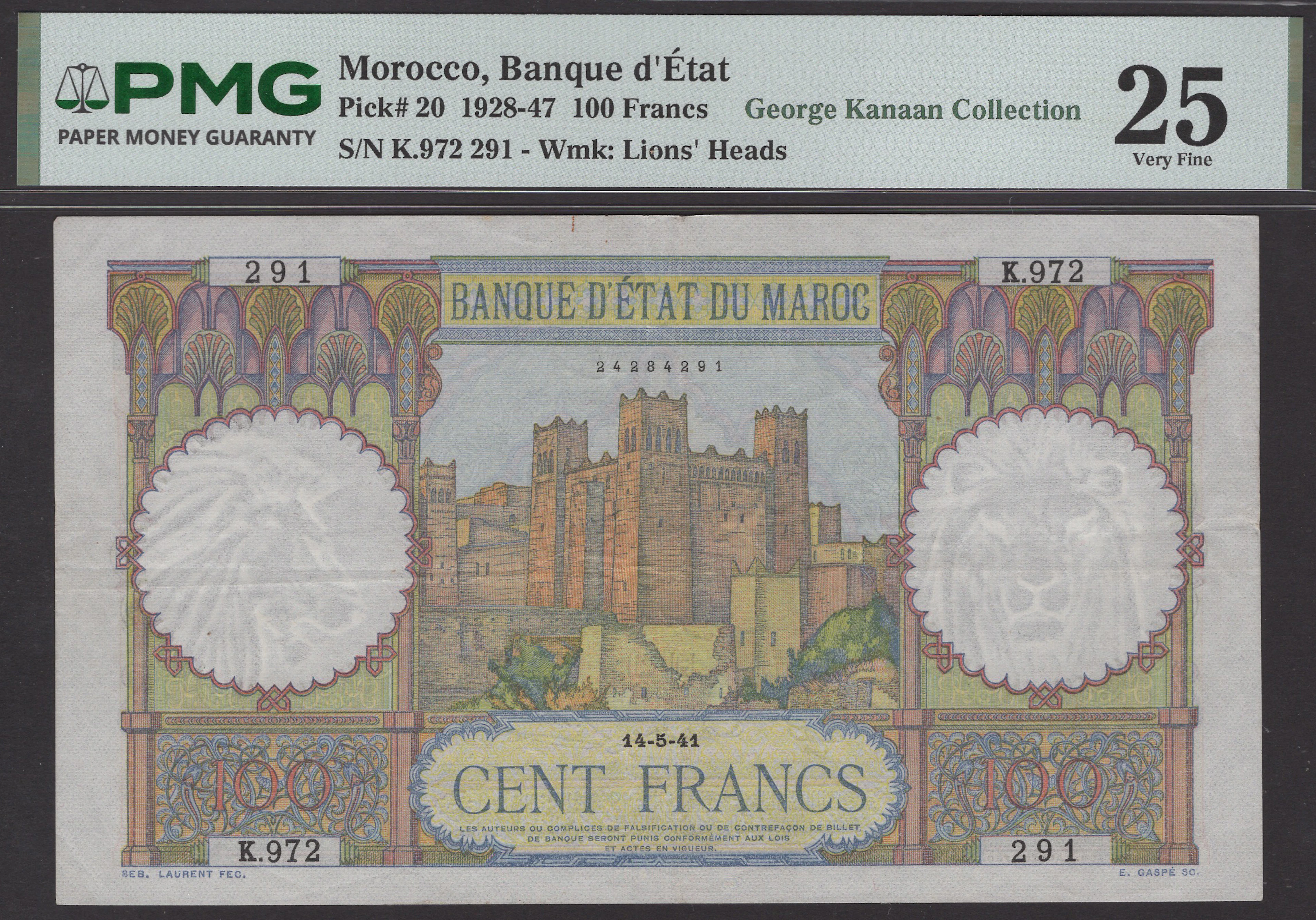 Banque d’Etat du Maroc, 100 Francs, 14 May 1941, serial number K.972