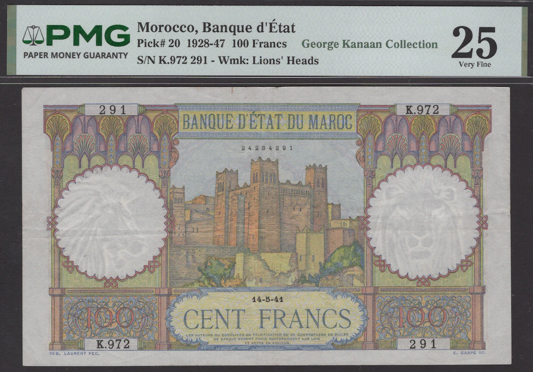 Banque d’Etat du Maroc, 100 Francs, 14 May 1941, serial number K.972