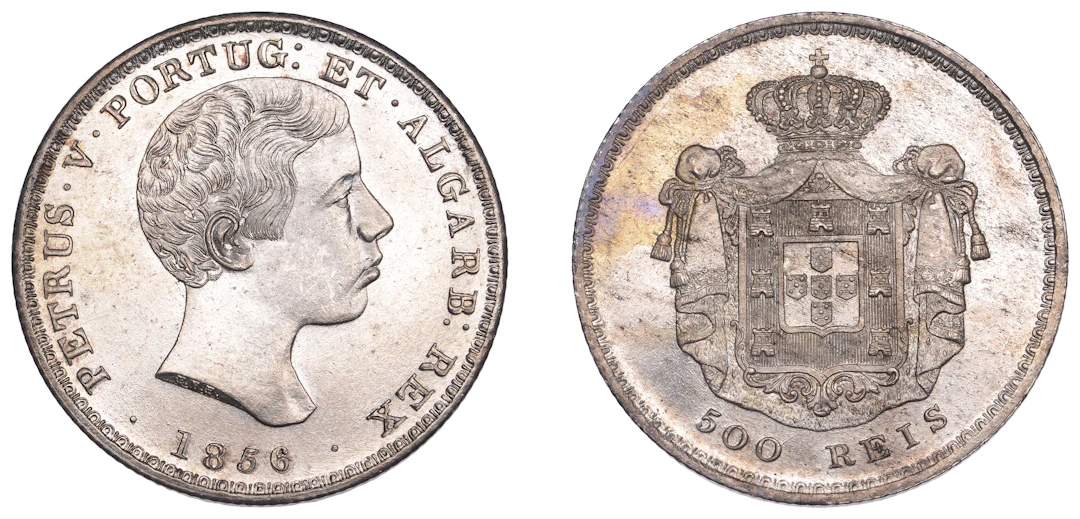 Portugal, Pedro V, 500 Reis, 1856, Lisbon (KM 494). Lustrous, extremely