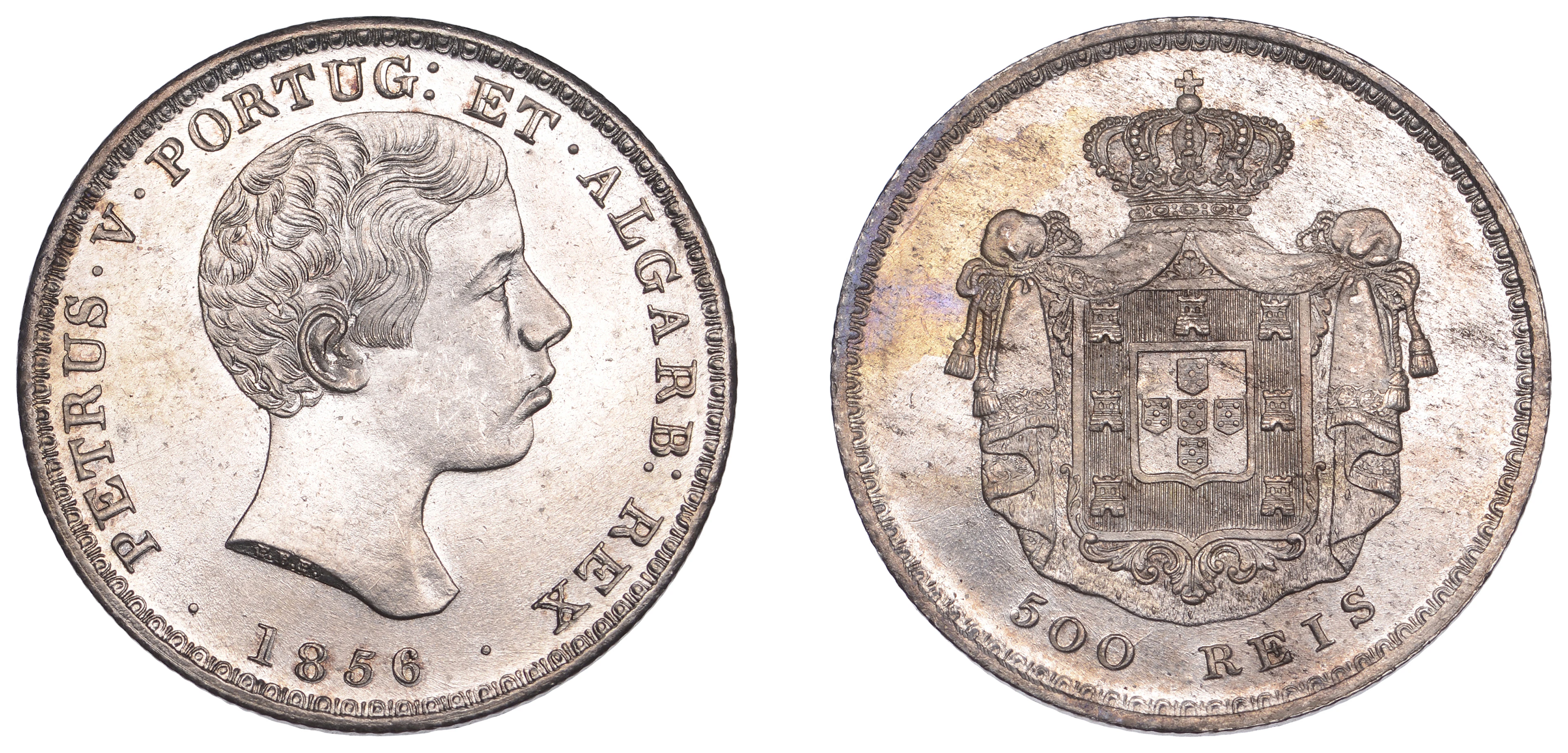 Portugal, Pedro V, 500 Reis, 1856, Lisbon (KM 494). Lustrous, extremely