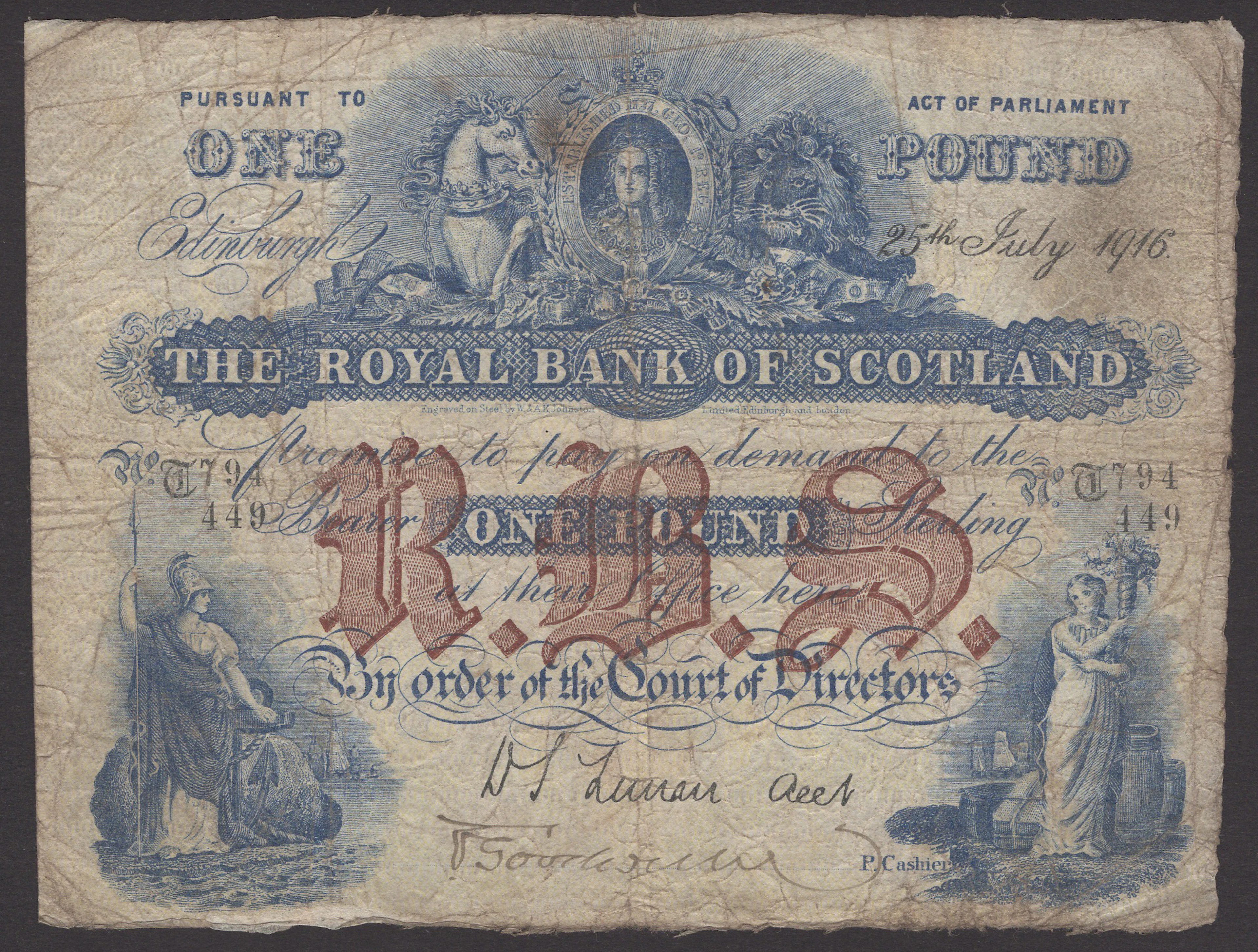 Royal Bank of Scotland, £1, 25 July 1916, serial number T 794/449