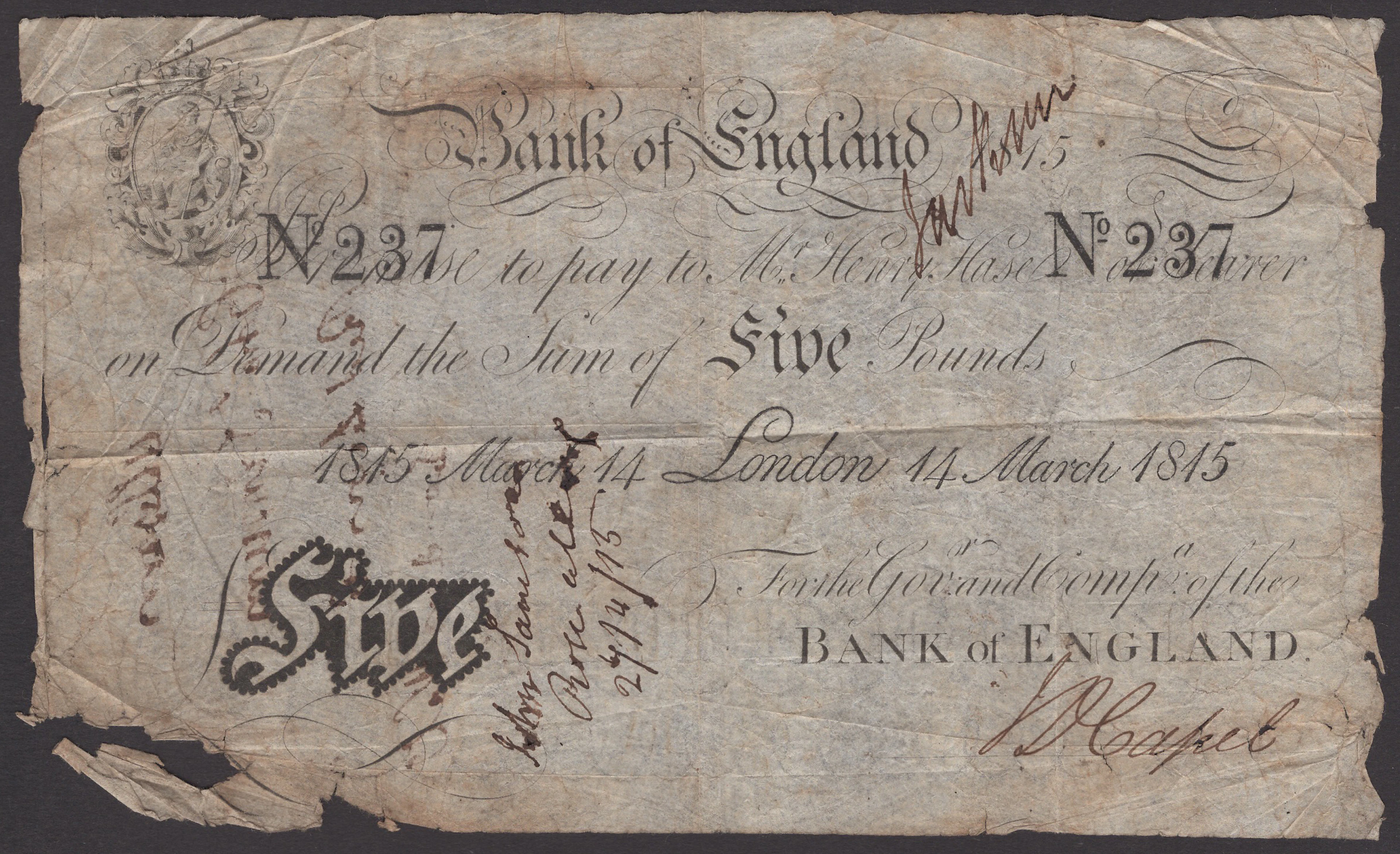 Bank of England, Henry Hase, £5, 14 March 1815, serial number 237