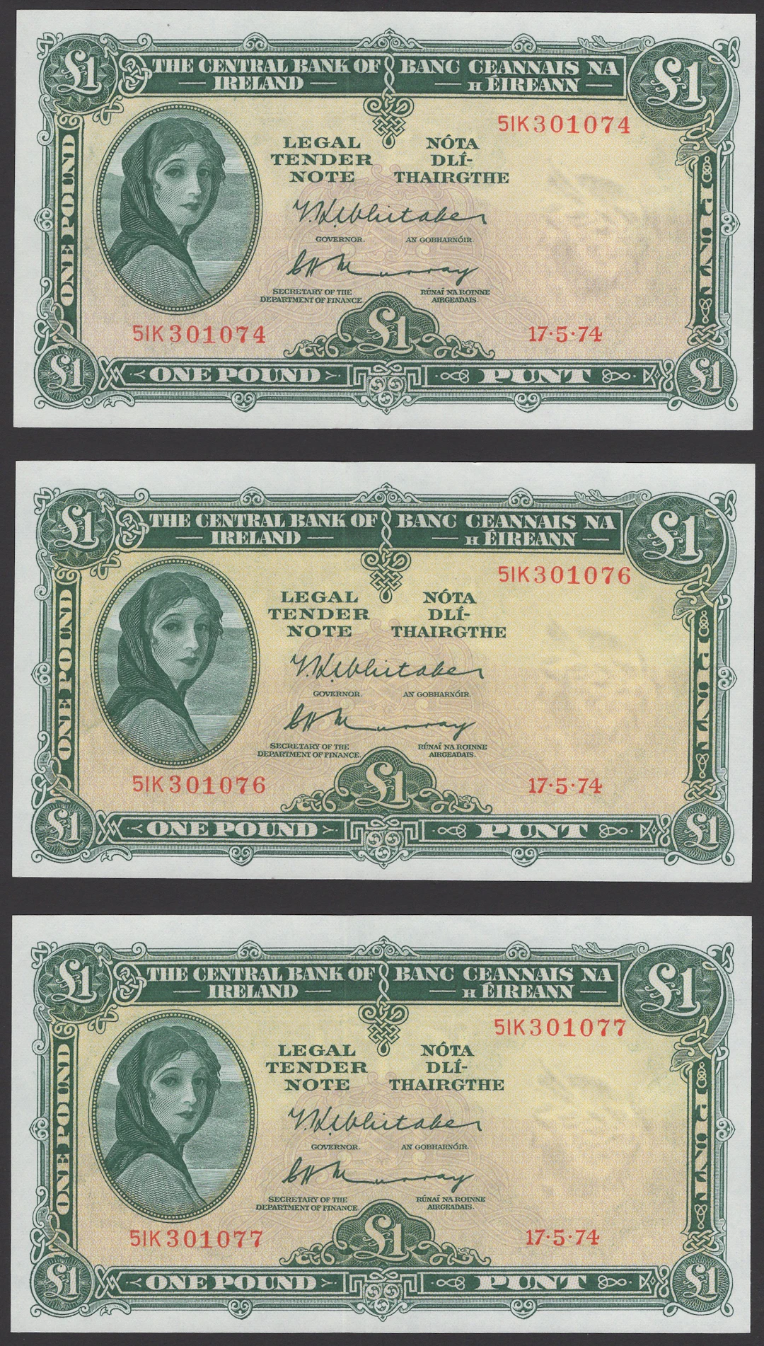 Central Bank of Ireland, £1 (4), 17 May 1974, serial numbers 51K 301074