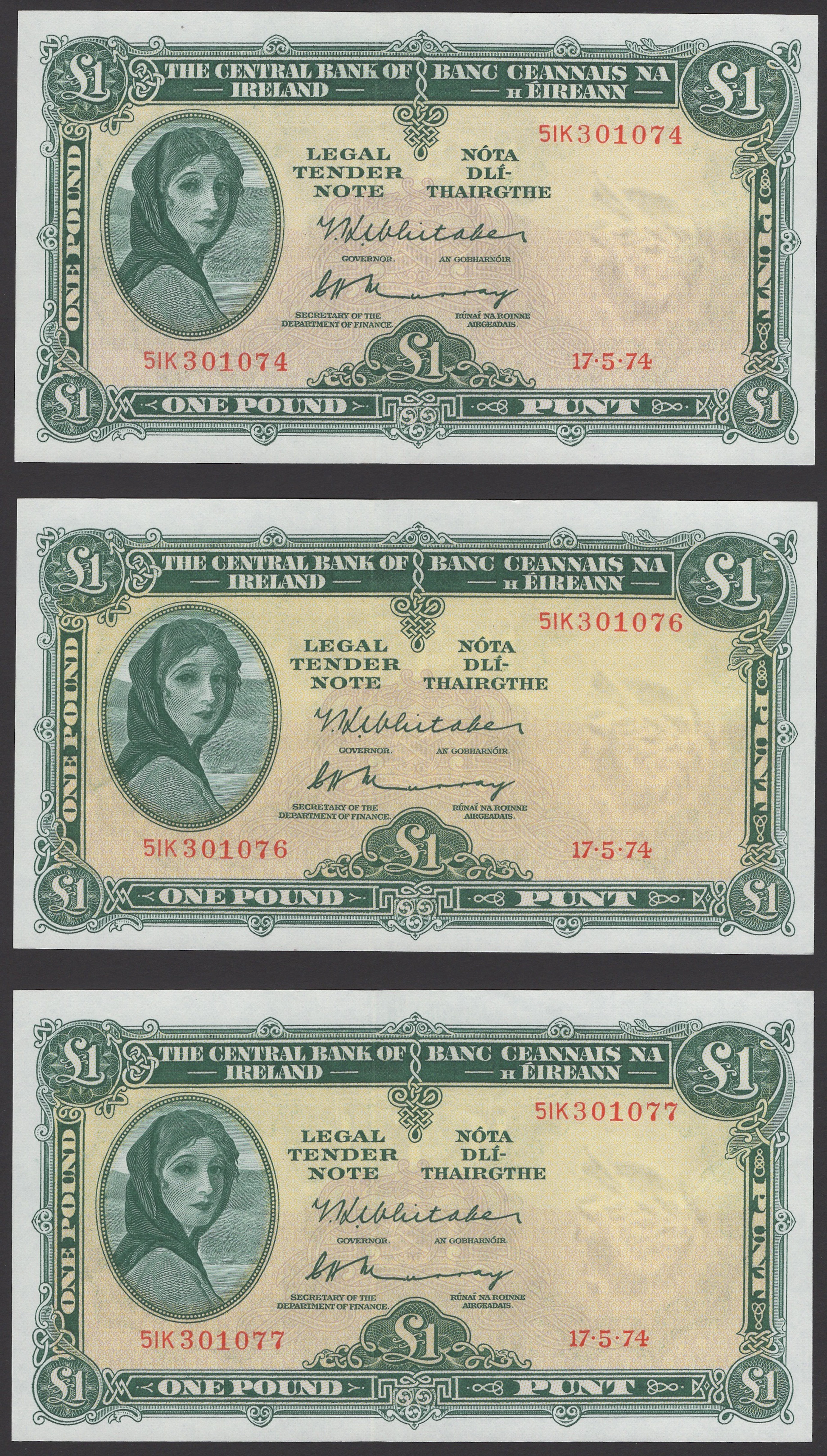 Central Bank of Ireland, £1 (4), 17 May 1974, serial numbers 51K 301074