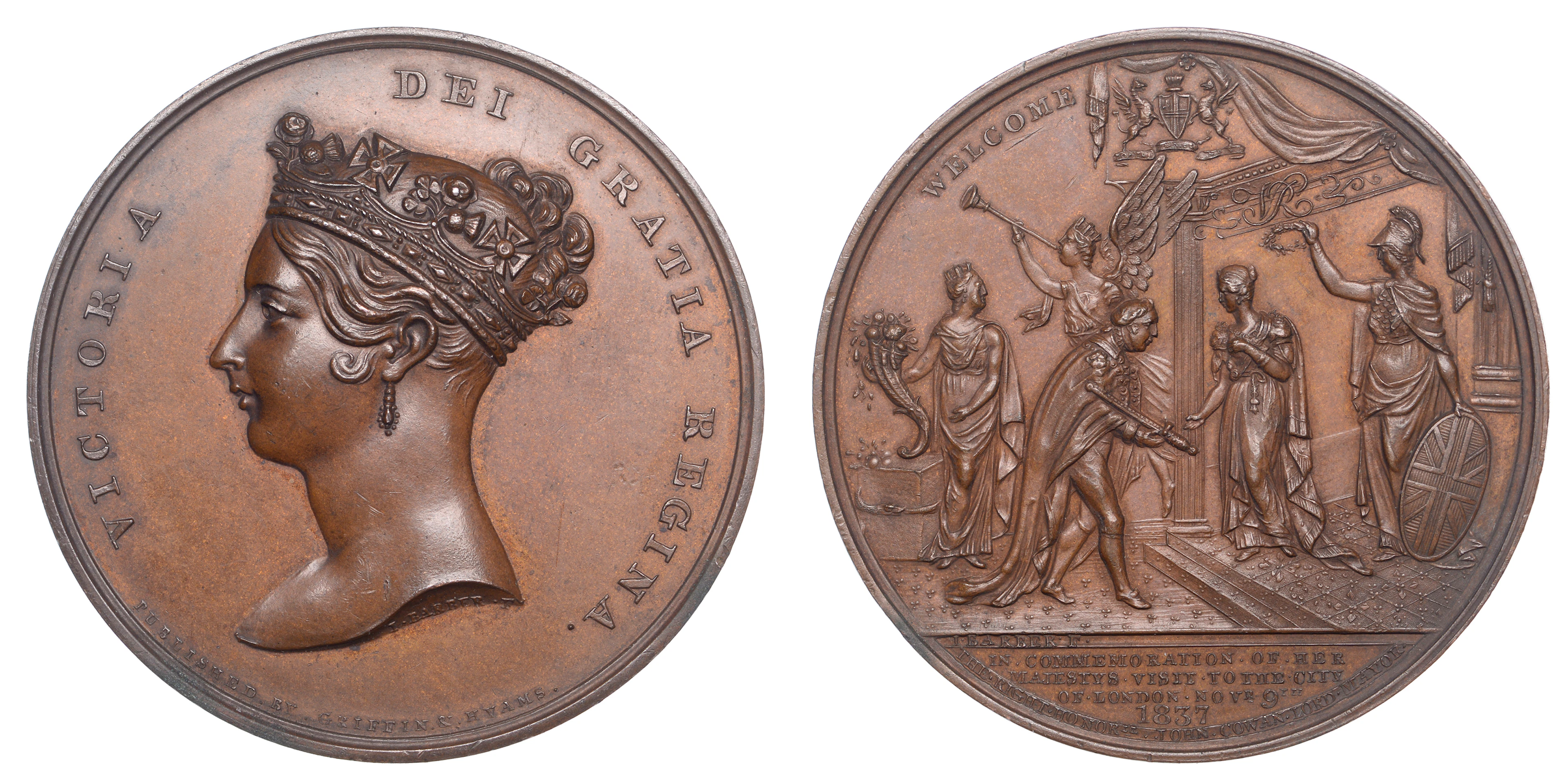 Victoria, Visit to the City of London, 1837, a copper medal by J.