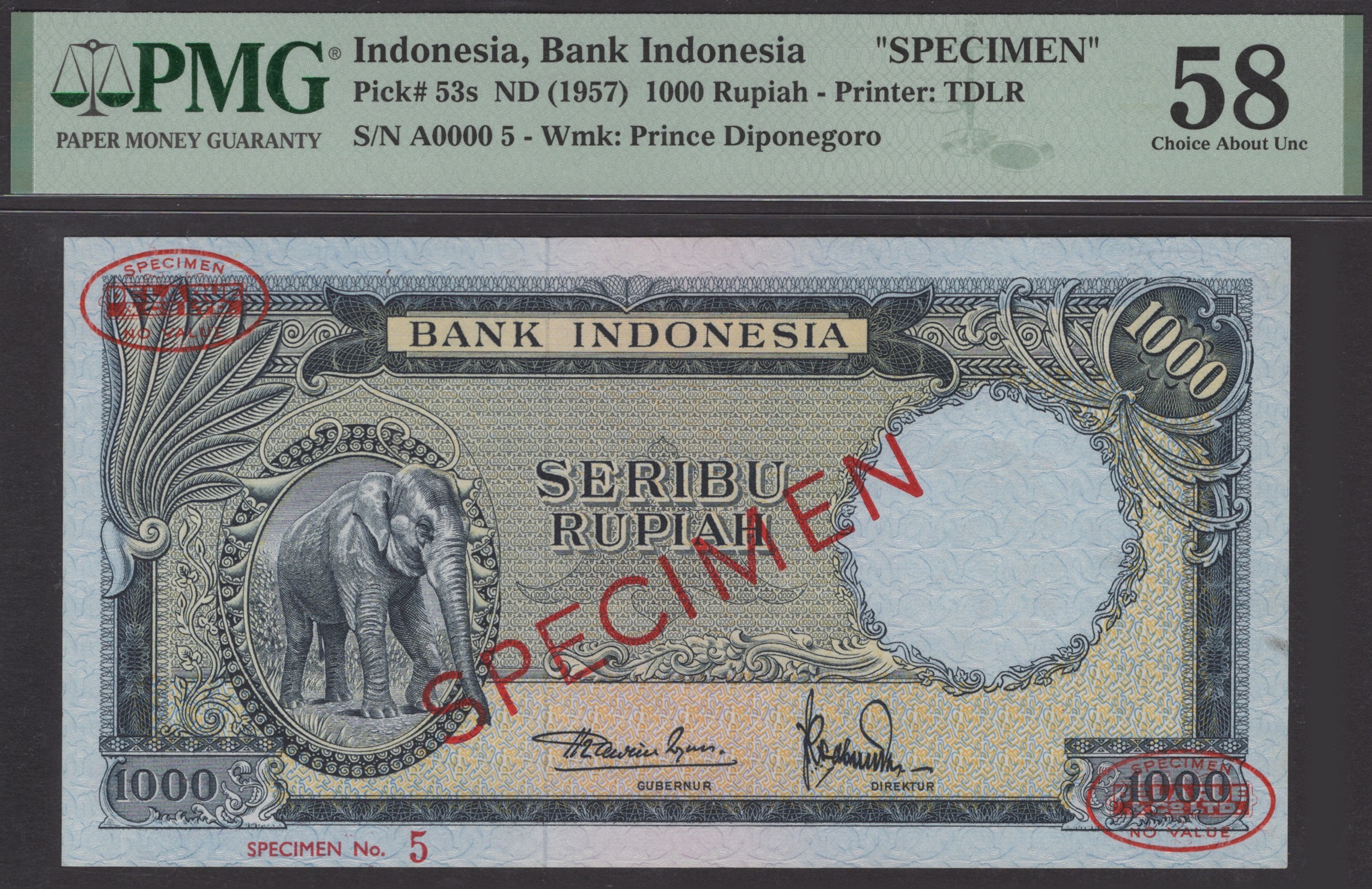 Bank Indonesia, specimen 1000 Rupiah, ND (1957), serial number A0000