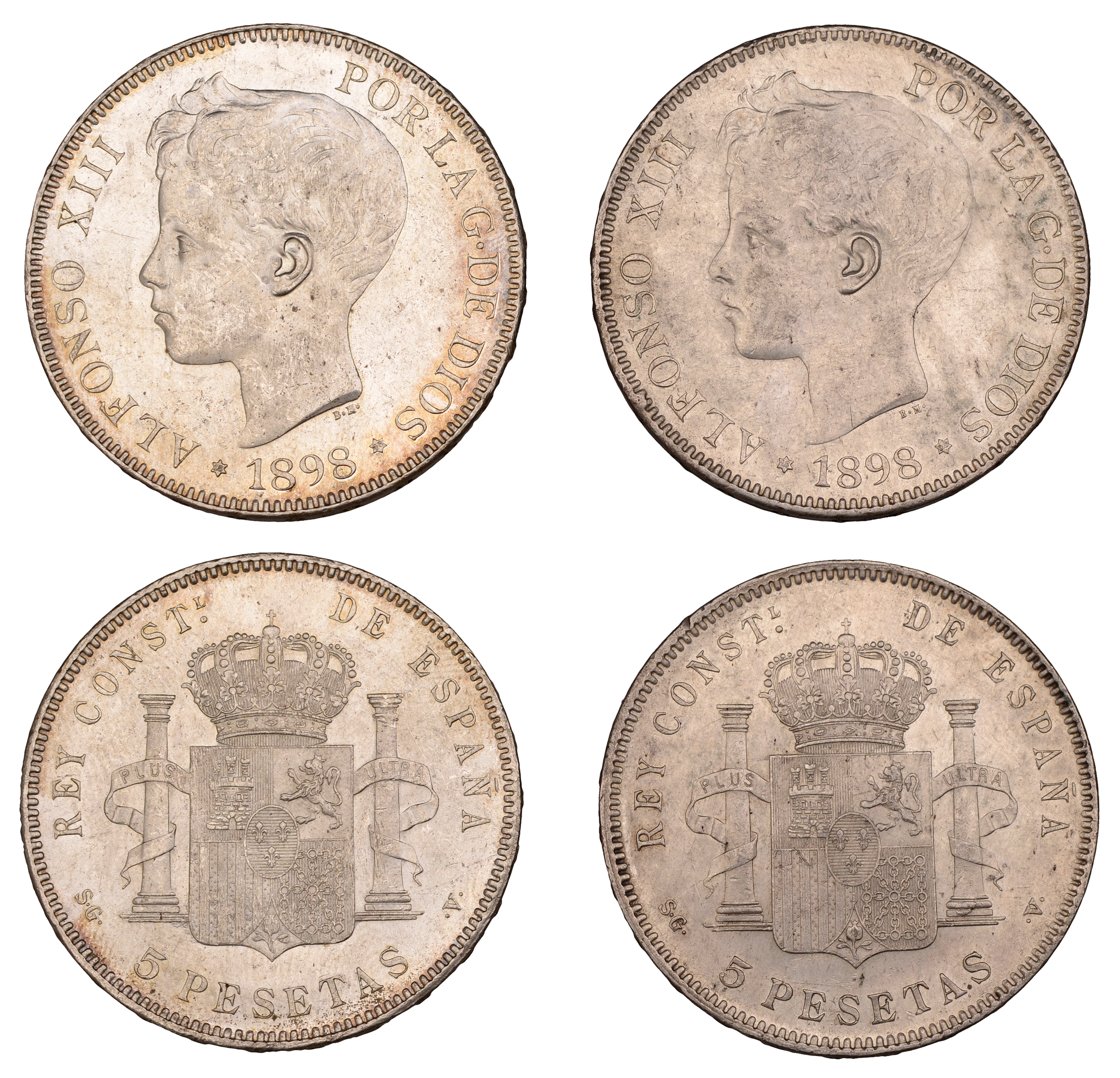 Spain, Alfonso XIII, 5 Pesetas (2), both 1898, Madrid (KM 700) [2].