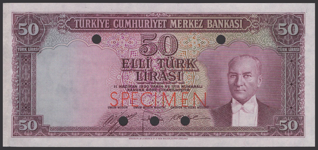 Central Bank of Turkey, colour trial 50 Turk Lirasi, 1930 (1951)