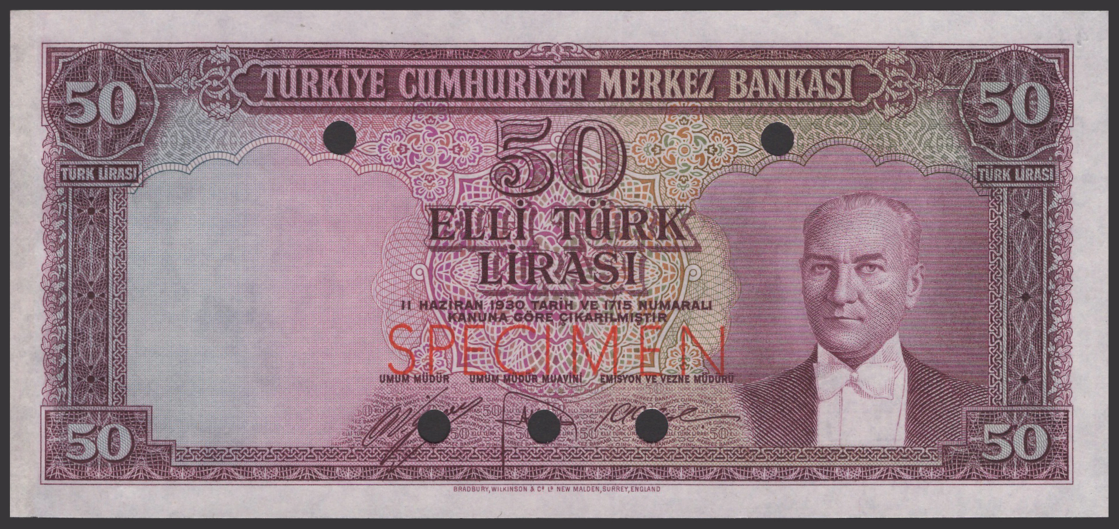 Central Bank of Turkey, colour trial 50 Turk Lirasi, 1930 (1951)