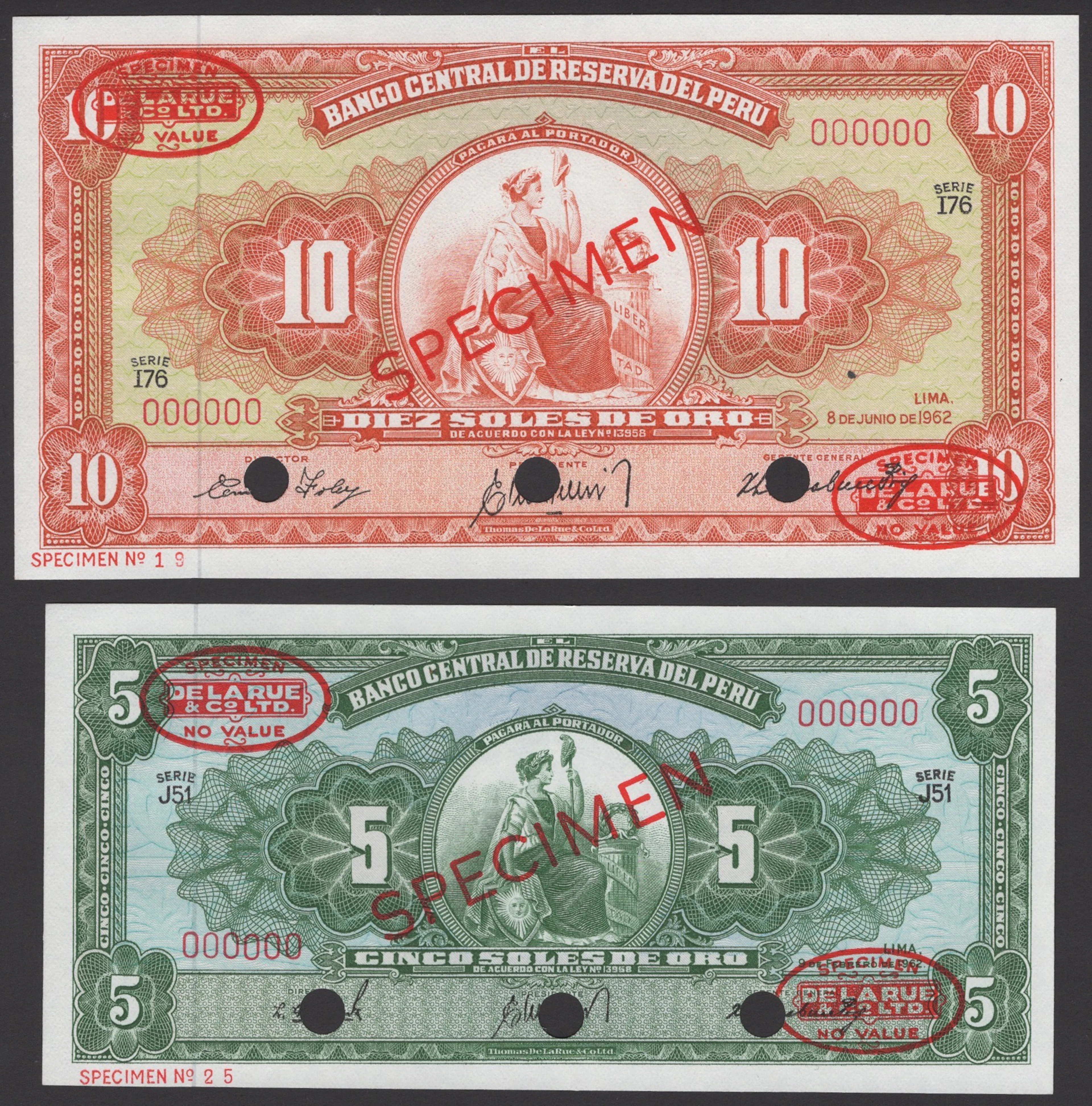 El Banco Central de Reserva del Peru, specimen 5 Soles de Oro, 9 February