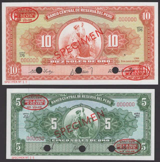 El Banco Central de Reserva del Peru, specimen 5 Soles de Oro, 9 February