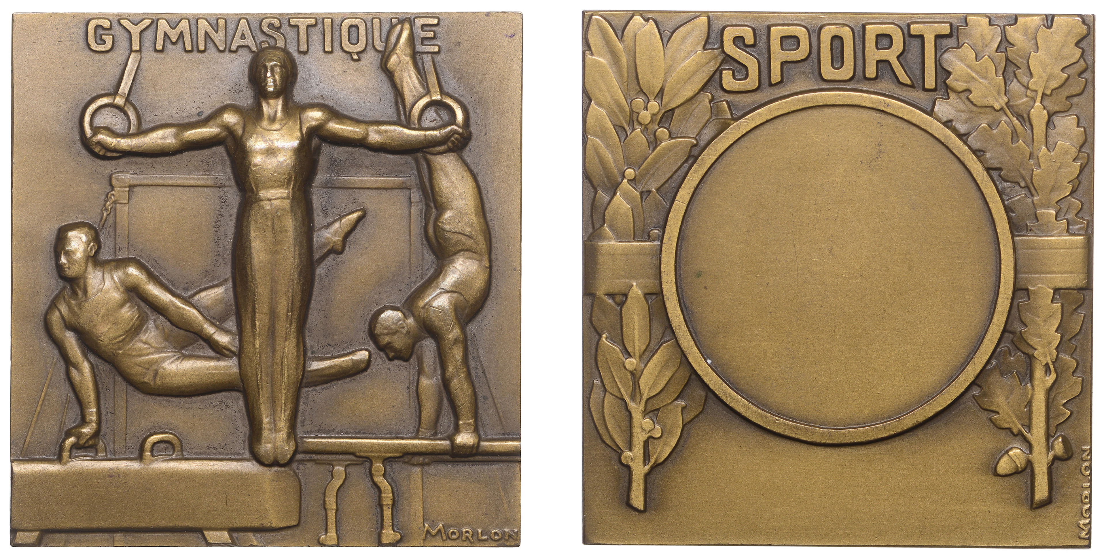 FRANCE, Gymnastique, 1939, an Art Déco bronze award plaque by P.-A.