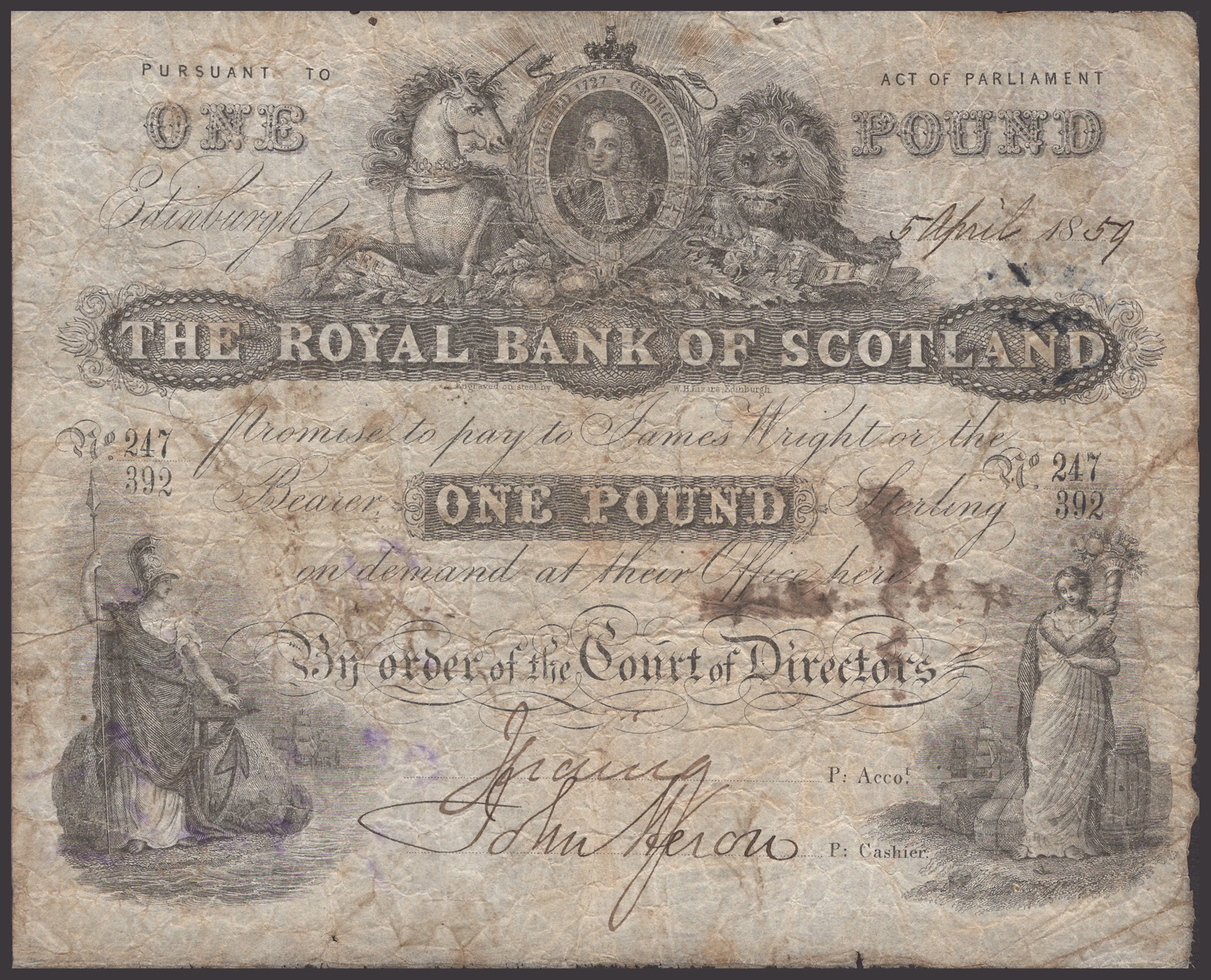 Royal Bank of Scotland, £1 with forged signatures, 5 April 1859, serial