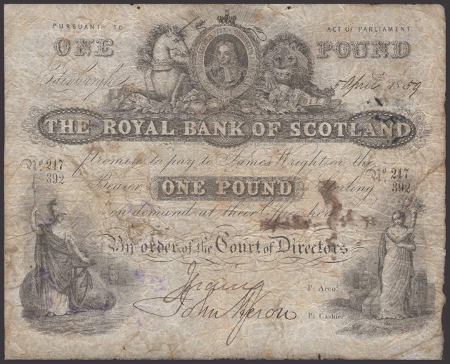 Royal Bank of Scotland, £1 with forged signatures, 5 April 1859, serial