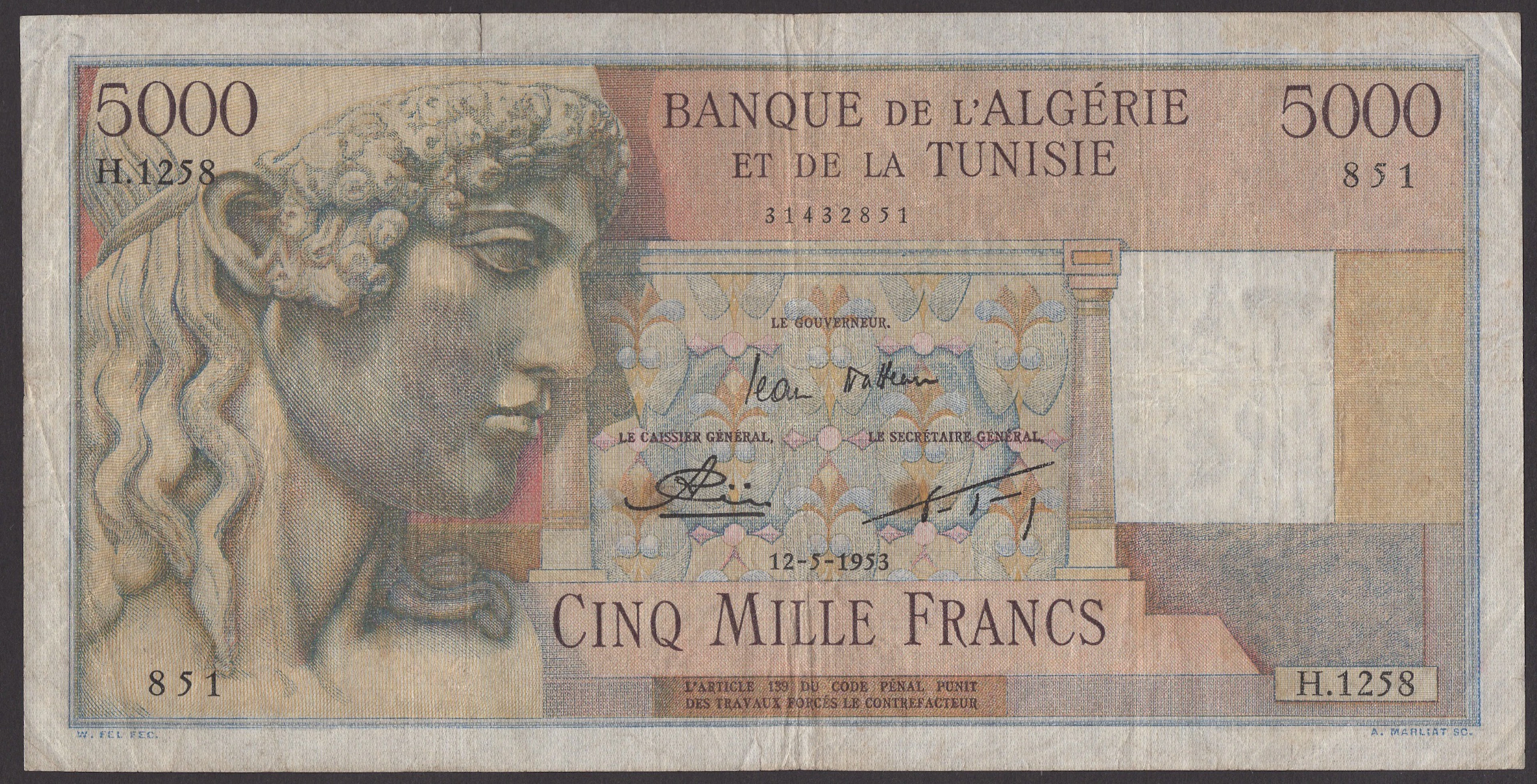 Banque de l’Algerie et de la Tunisie, 5000 Francs (2), 12 May 1953