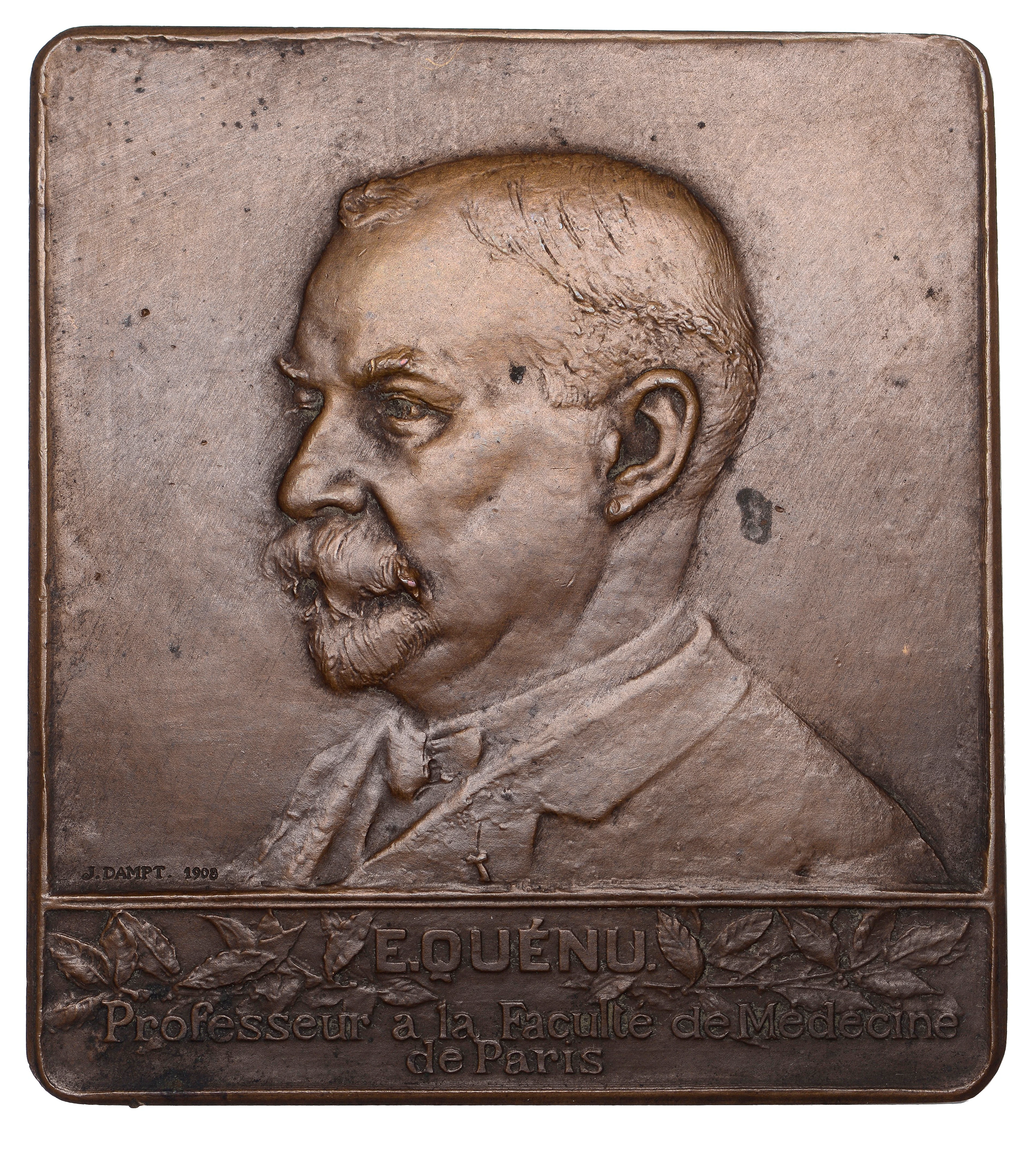 FRANCE, Édouard Quénu, 1908, a uniface bronze plaque by J.-B.-A. Dampt