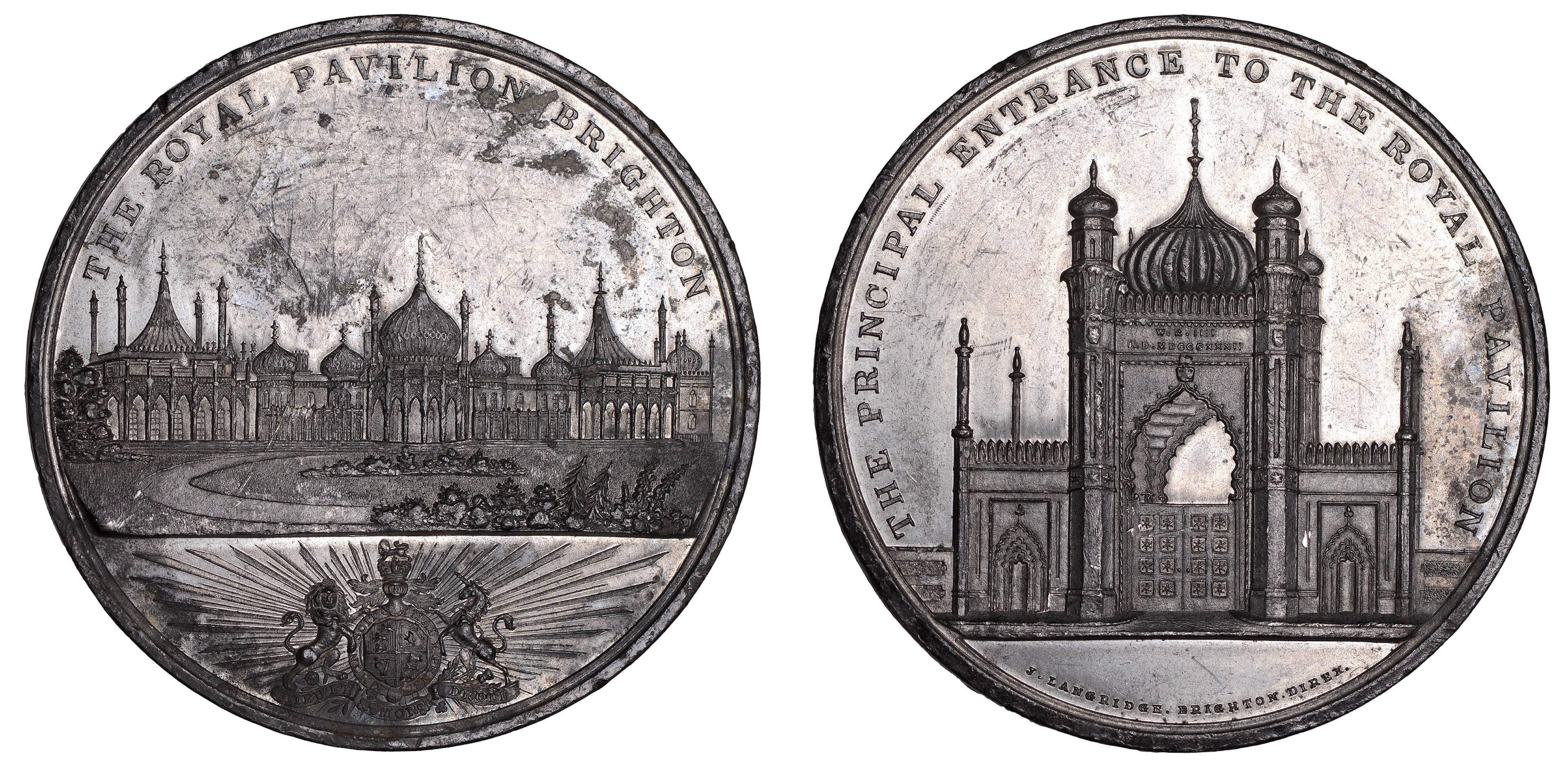 Royal Pavilion, Brighton, 1832, a white metal medal by J. Langridge