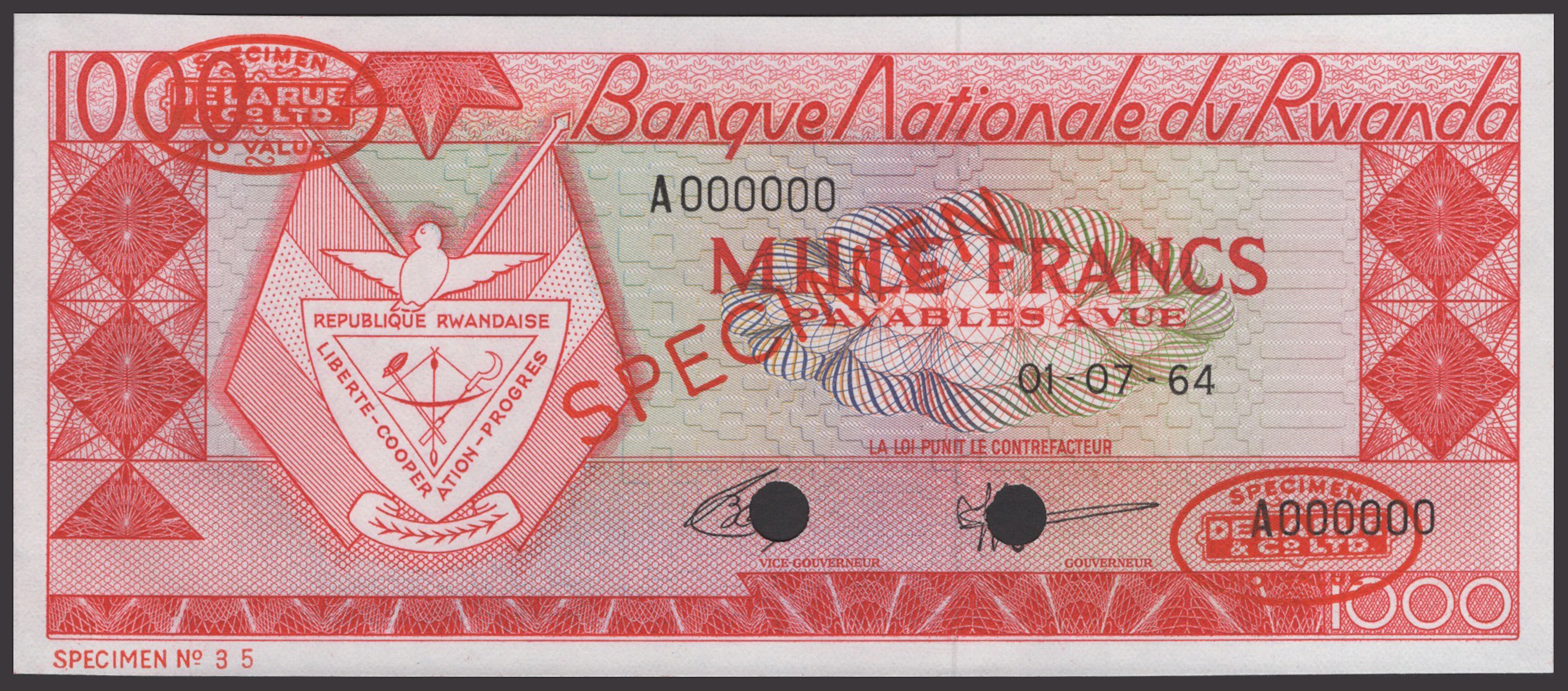 Banque Nationale du Rwanda, specimen 1000 Francs, 1 July 1964, serial
