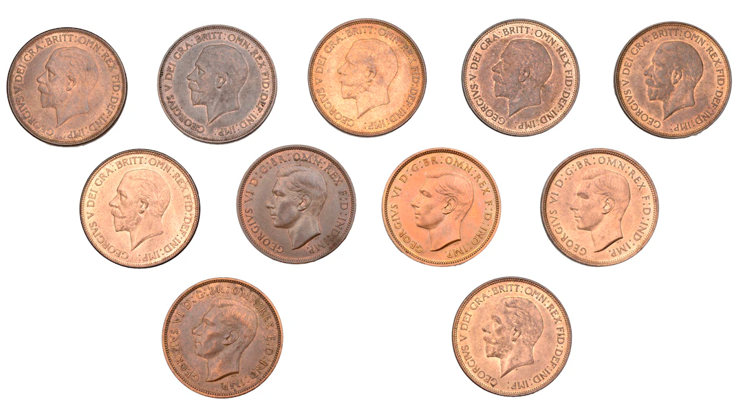 George V, Pennies (7), 1928 (2), 1929, 1931, 1935 (2), 1936 (S 4054